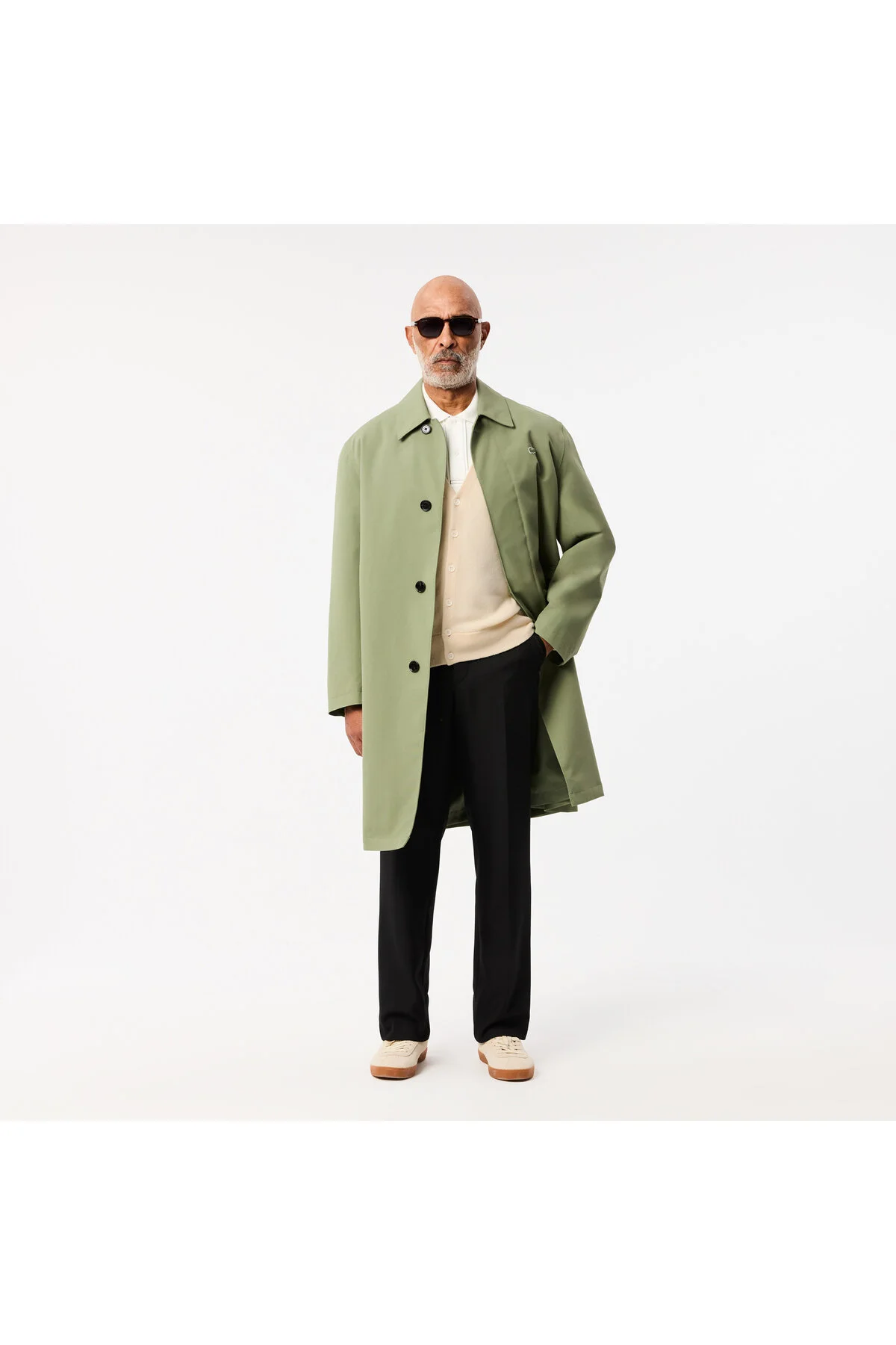 ژاکت جلو باز کرمی مردانه کش باف پشمی V Neck Fit لاگوست Lacoste
