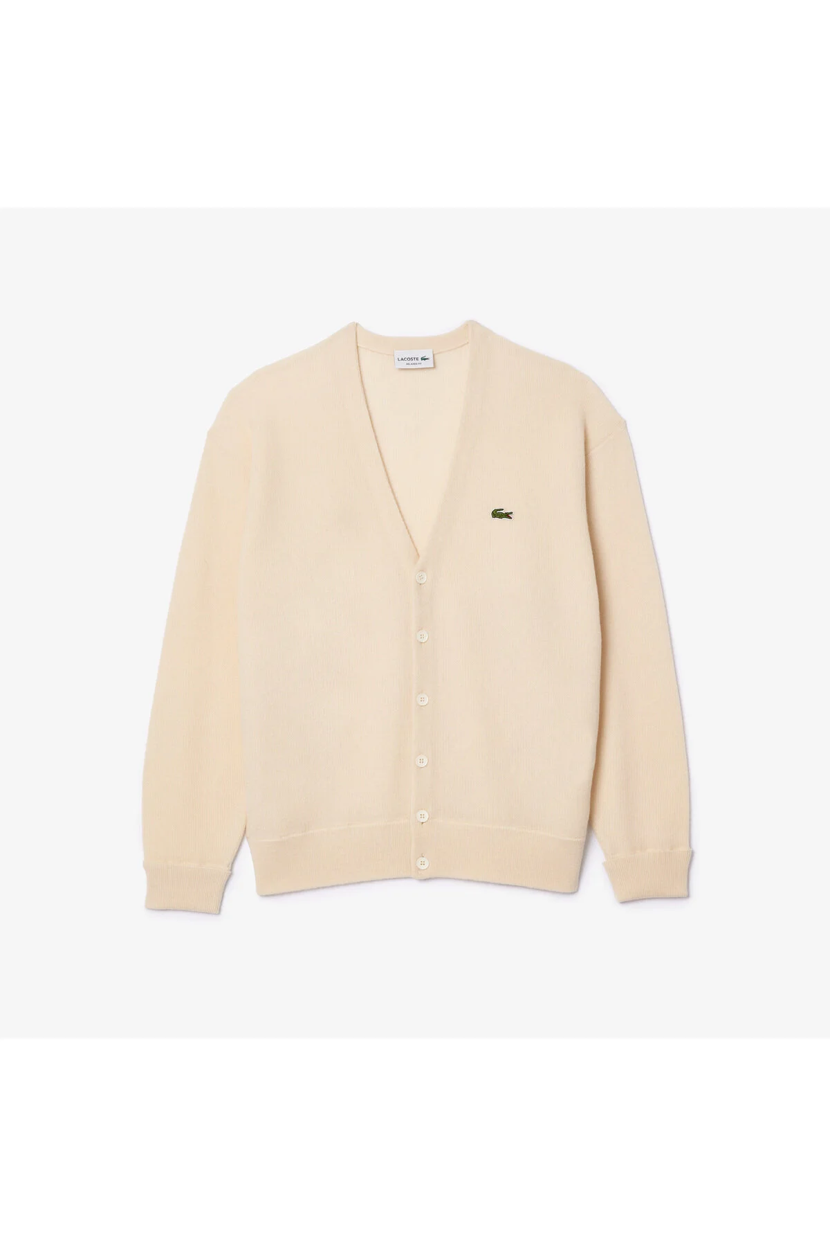 ژاکت جلو باز کرمی مردانه کش باف پشمی V Neck Fit لاگوست Lacoste