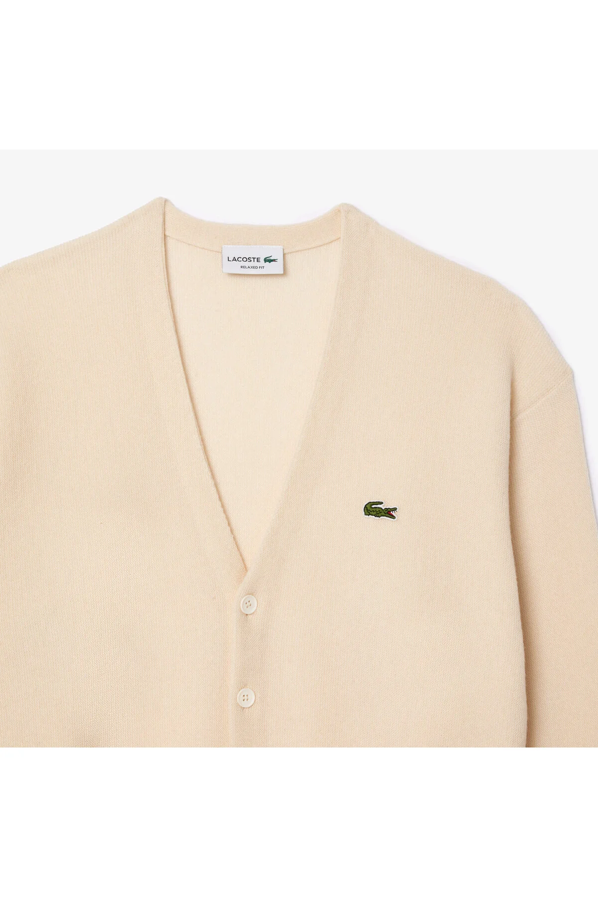 ژاکت جلو باز کرمی مردانه کش باف پشمی V Neck Fit لاگوست Lacoste