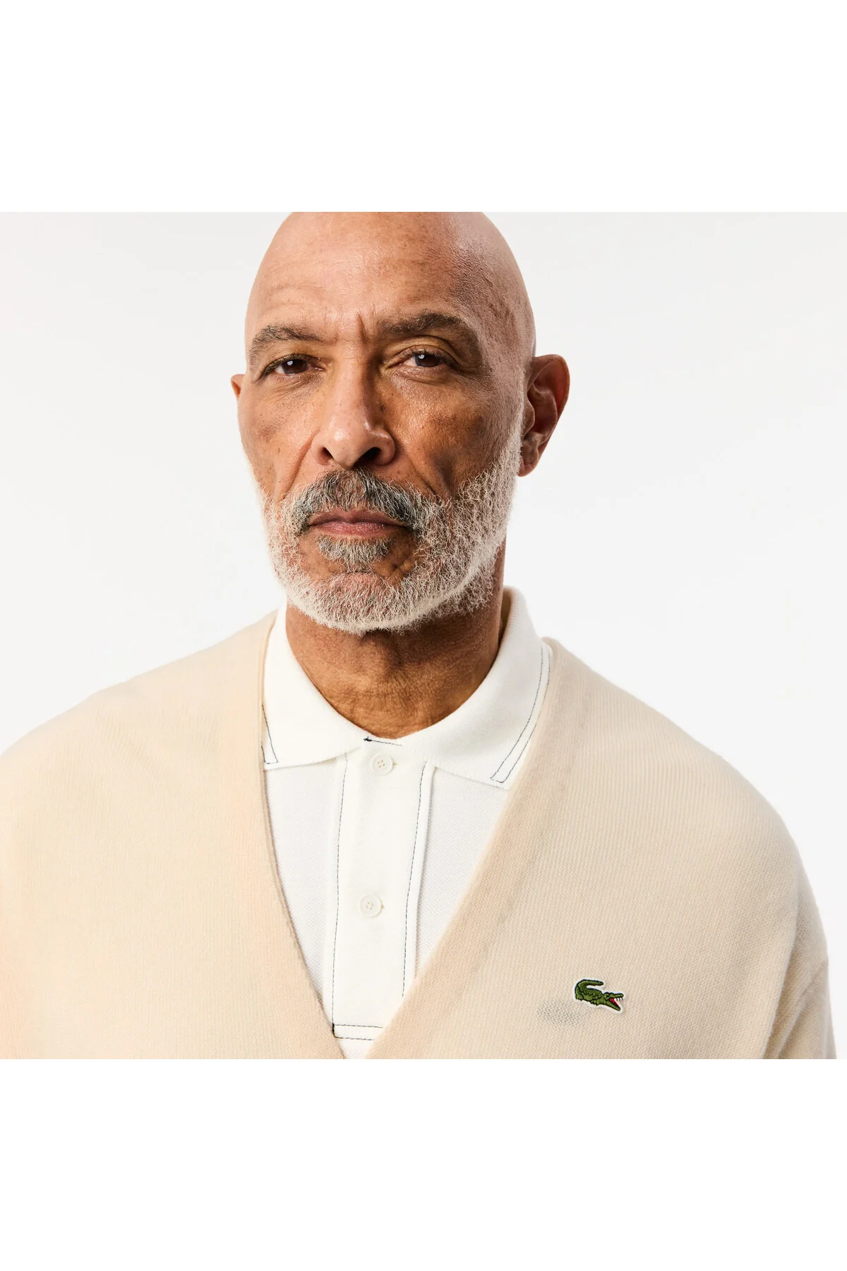 ژاکت جلو باز کرمی مردانه کش باف پشمی V Neck Fit لاگوست Lacoste