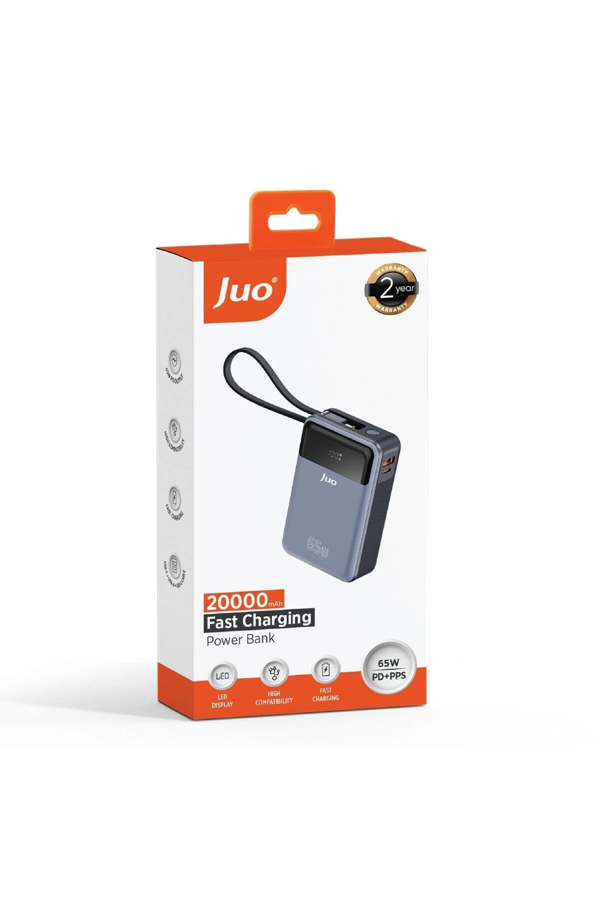 پاوربانک 20000 میلی آمپر ساعت 65W LED DISPLAY USB A TYPE C کابل قابل حمل سریع شارژر POWERBANK Juo
