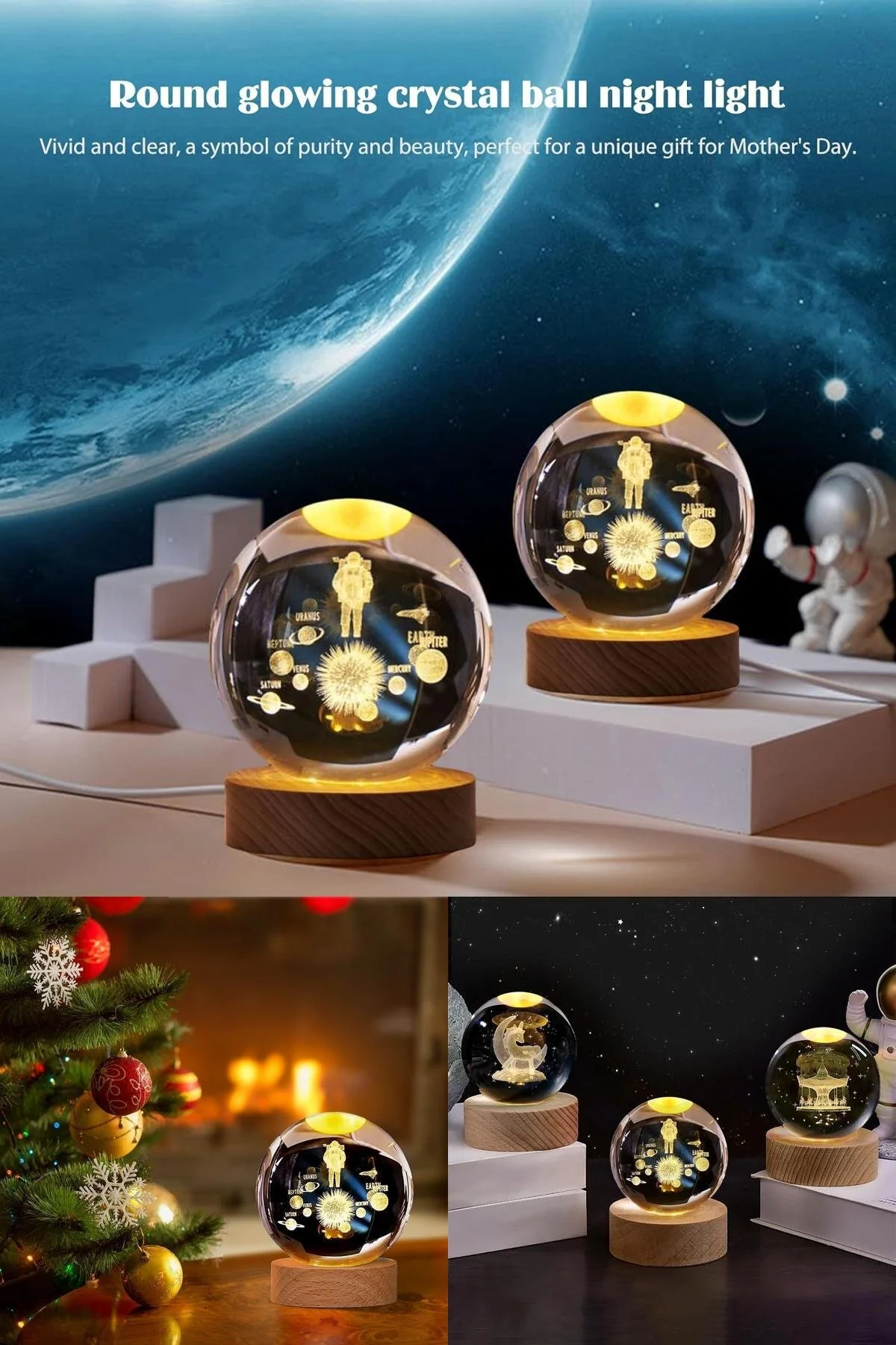 گوی برفی GLASS GLOBE با موضوع فضانوردان منظومه شمسی: گلوب تغییر نور 7 رنگ تزئینی صلح آمیز از ترکیه Yu Su Tools