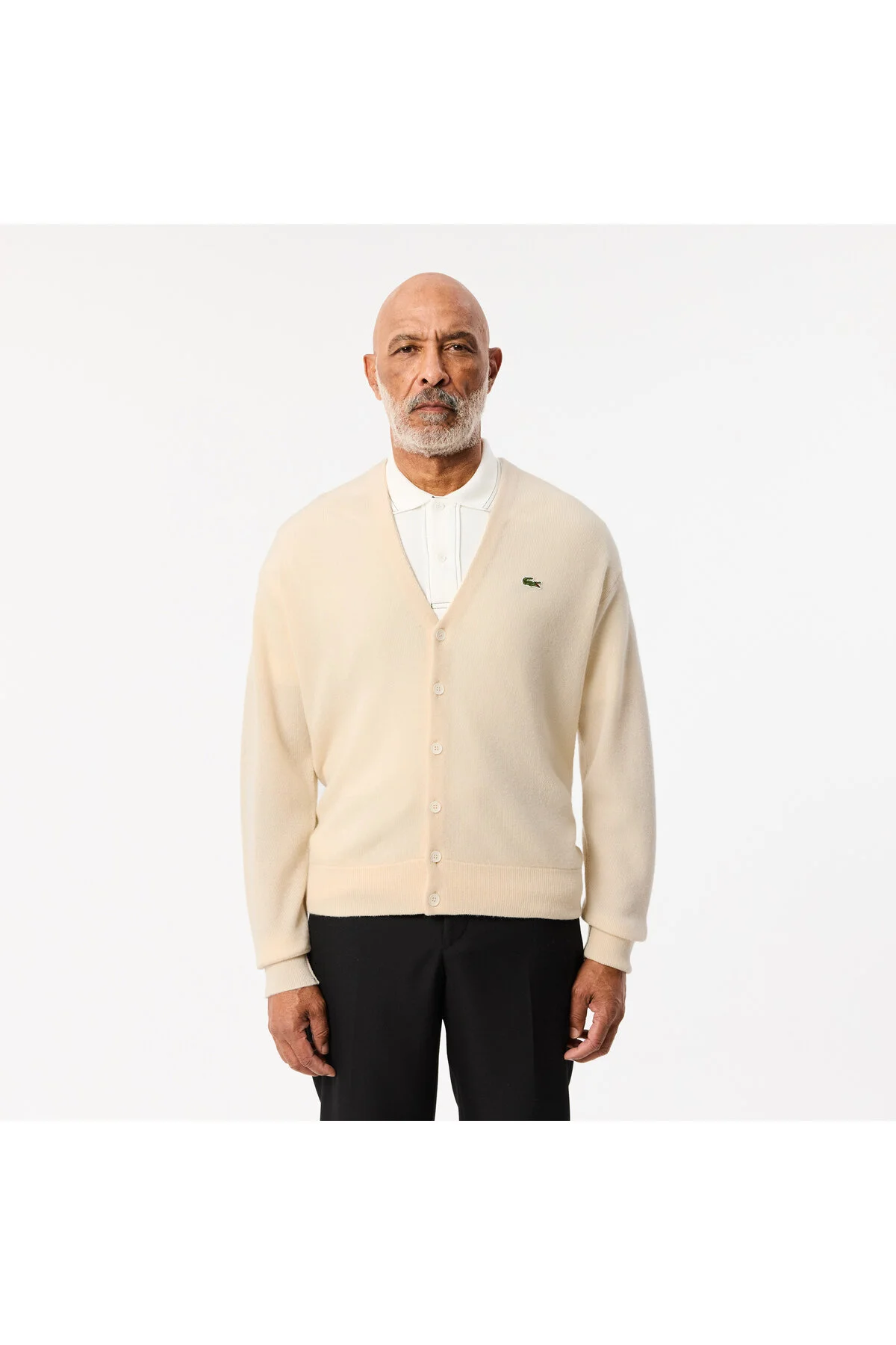 ژاکت جلو باز کرمی مردانه کش باف پشمی V Neck Fit لاگوست Lacoste