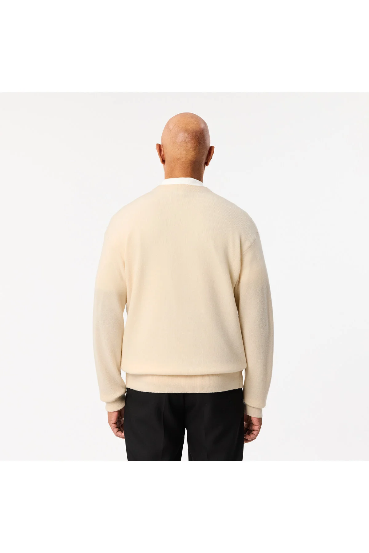 ژاکت جلو باز کرمی مردانه کش باف پشمی V Neck Fit لاگوست Lacoste
