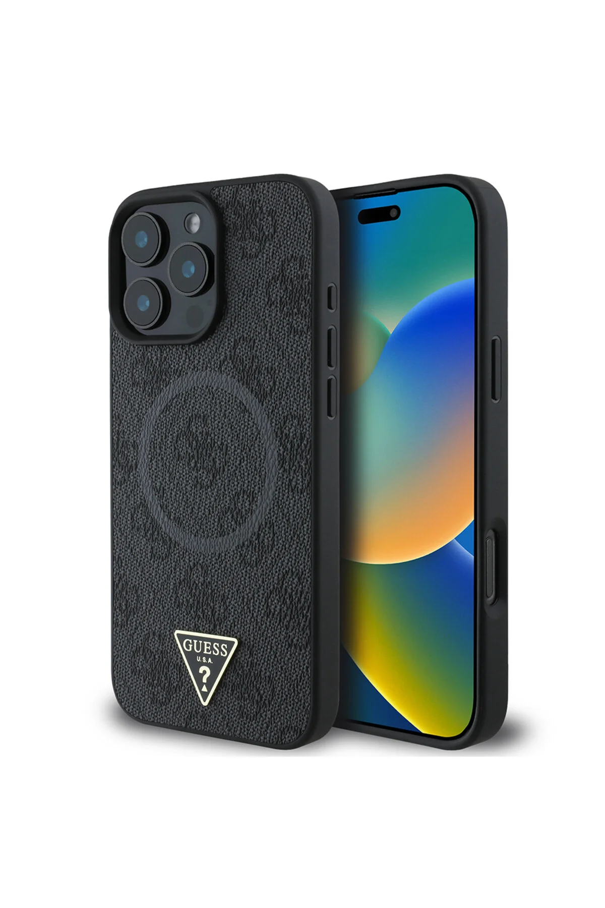 کاور و قاب IPHONE 16 PRO CASE GUESS LICENSED MAGSAFE CHARGING LOGO برجسته PU TRIANGLE 4G جلد مشکی طرح دار Guess