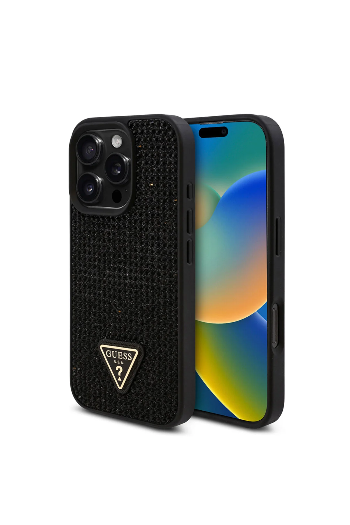 کاور و قاب جلد سنگی لوگوی مثلثی سازگار با IPHONE 16 PRO MAX مشکی Guess