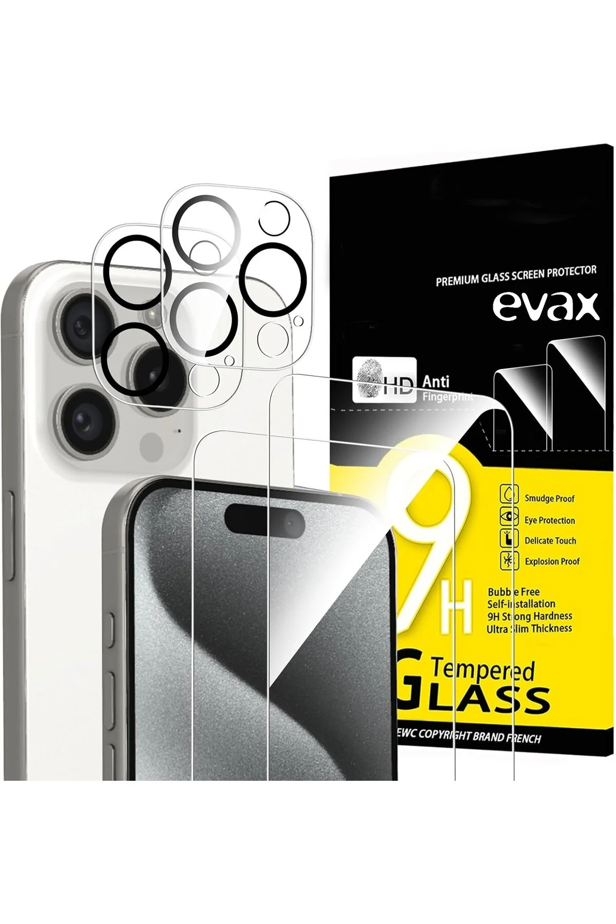 محافظ صفحه نمایش 2 شیشه + لنز و دوربین سازگار با IPHONE 15 PRO EVAX