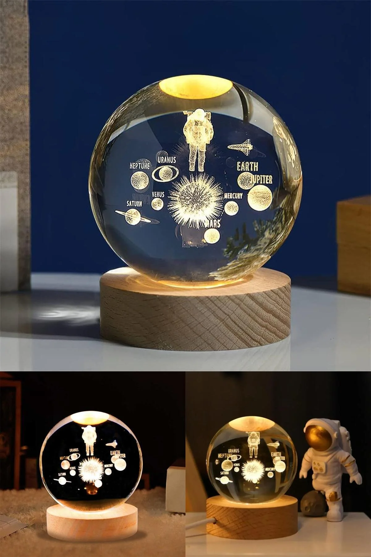 گوی برفی GLASS GLOBE با موضوع فضانوردان منظومه شمسی: گلوب تغییر نور 7 رنگ تزئینی صلح آمیز از ترکیه Yu Su Tools