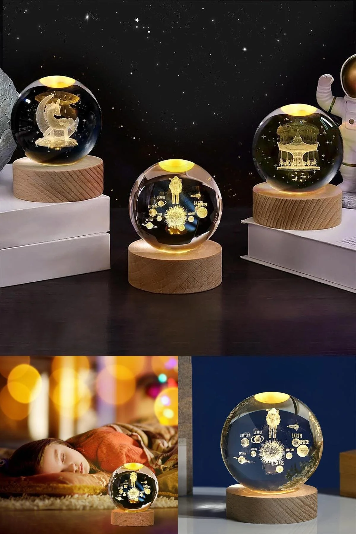 گوی برفی GLASS GLOBE با موضوع فضانوردان منظومه شمسی: گلوب تغییر نور 7 رنگ تزئینی صلح آمیز از ترکیه Yu Su Tools