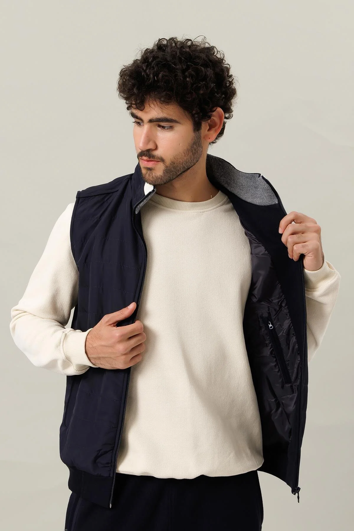 ست گرمکن ورزشی مردانه ECRU CAFUAL SHARDON LAKOS 3 پارچه 5 جیب سه گانه تیمی از لباس جلیقه TK0062 Escetic