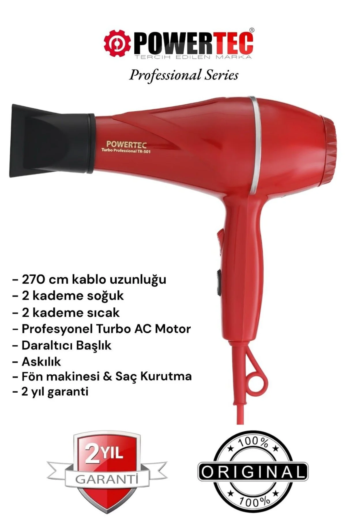 سشوار قرمز برقی Tr 501 حرفه ای پاورتچ  Powertec