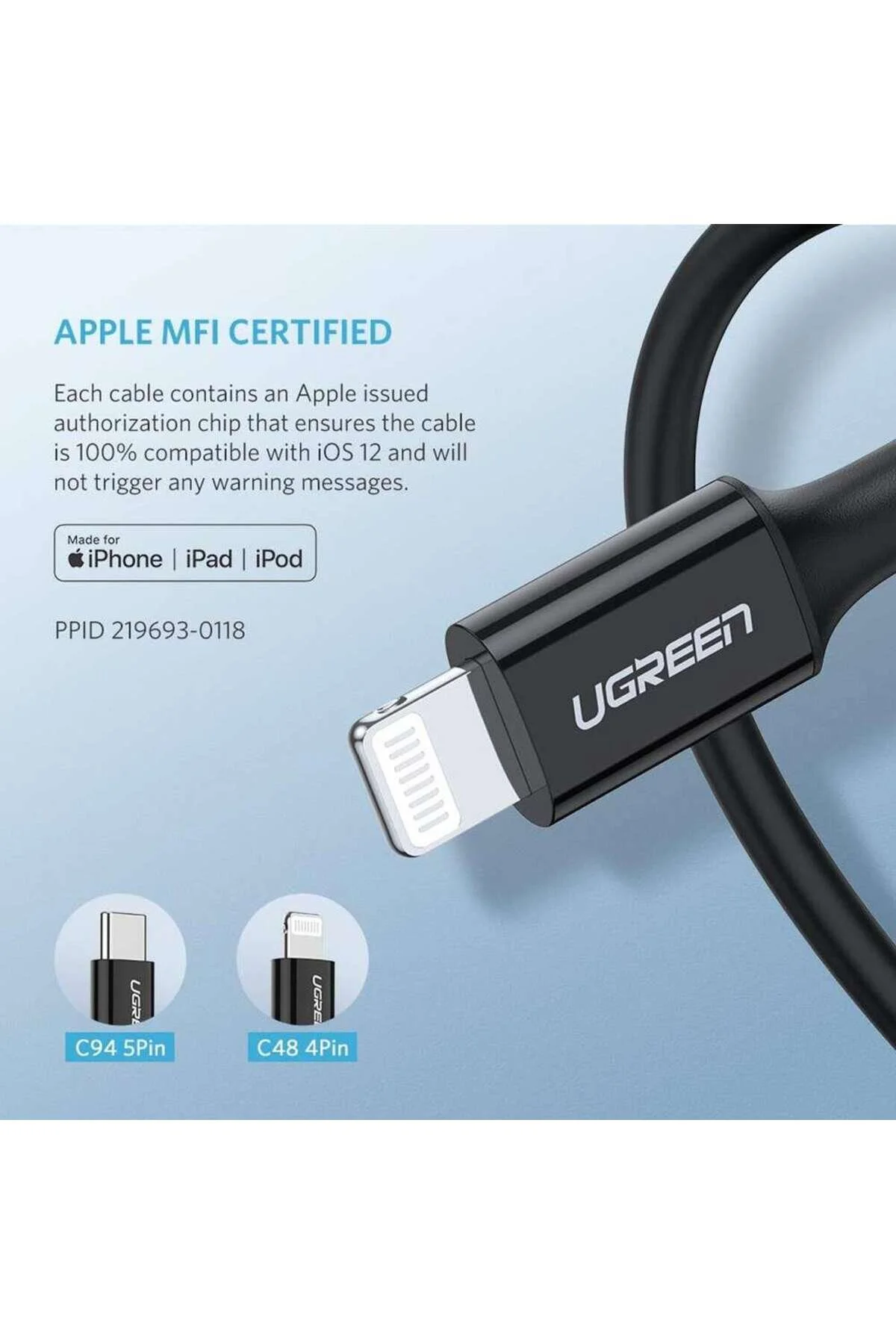 شارژر APPLE IPHONE TYPE C به داده های رعد و برق شارژ کابل سیاه 2 متر Ugreen