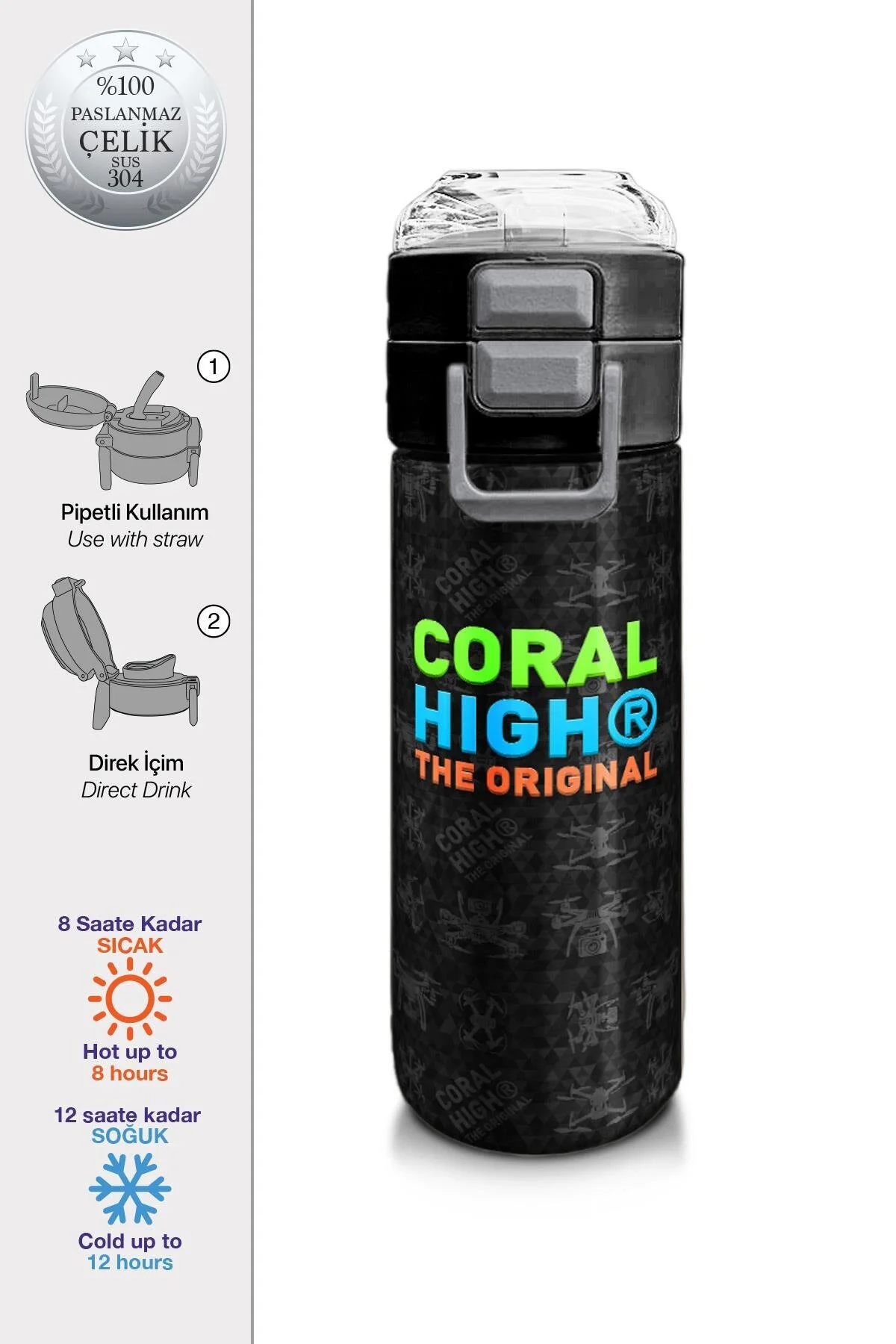 قمقمه و فلاسک استیل طرح دار پهباد مشکی با نی نوشیدنی مستقیم 500 میلی لیتری 31891 Coral High