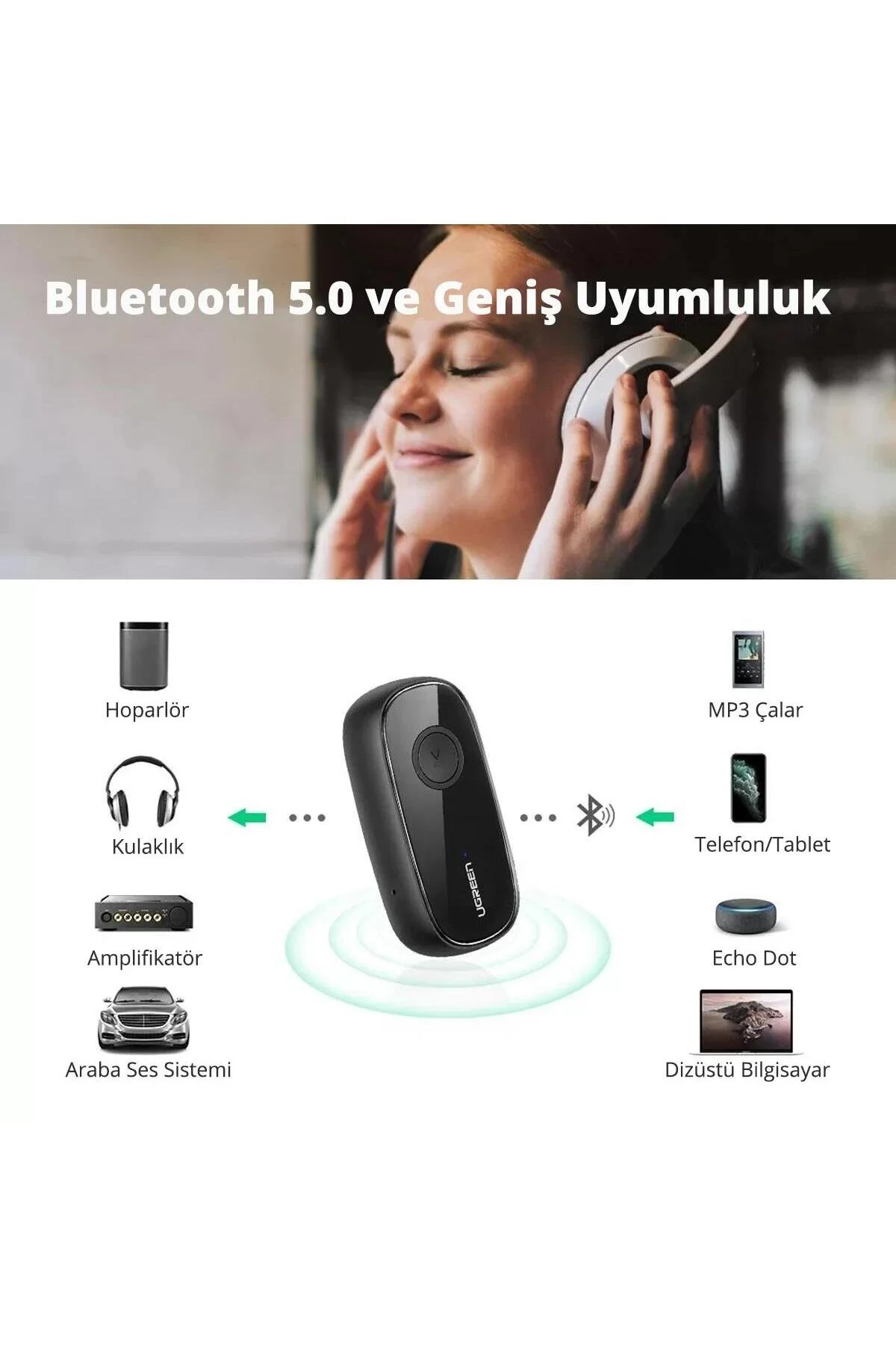 کابل و مبدل مردانه زنانه کیت وسیله نقلیه AUX BLUETOOTH 5.0 APTX با میکروفون Ugreen