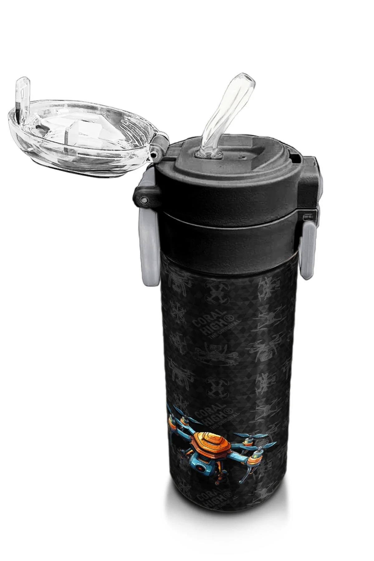 قمقمه و فلاسک استیل طرح دار پهباد مشکی با نی نوشیدنی مستقیم 500 میلی لیتری 31891 Coral High