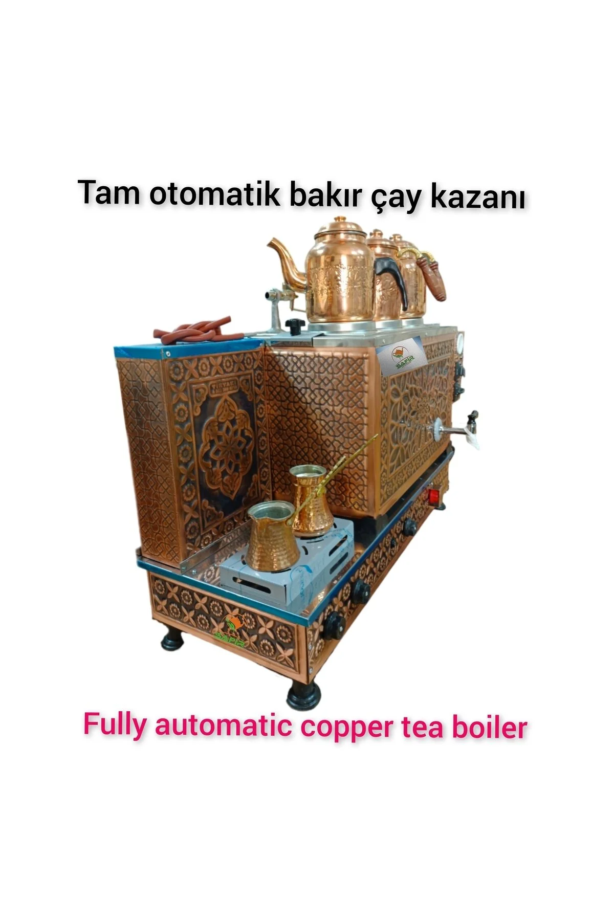 چای ساز اجاق گاز مسی با 3 قوری دیگ شعله برقی + سماور لوله ای سیستم ETS Safir