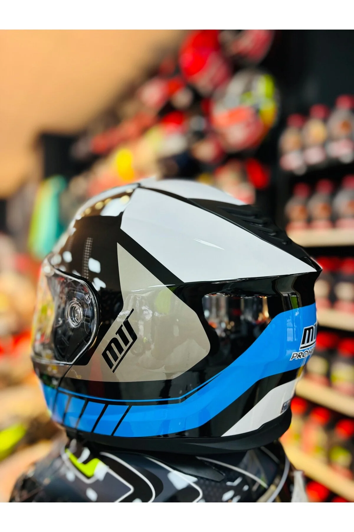 کلاه کاسکت موتورسیکلت مشکی 966 WX91 JAW OPEN SUN VIZOR MOTORCYCLE ایمنی موتور سیکلت سیاه و سفید آبی MTS