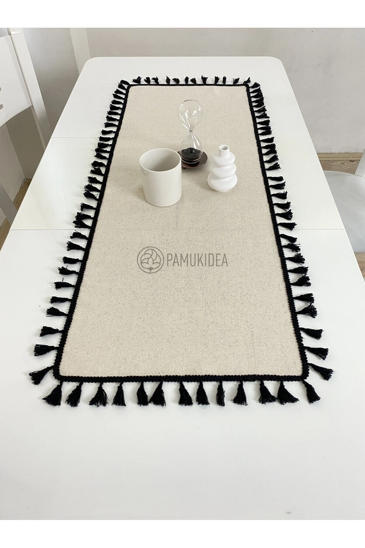 رانر و زیر بشقابی 40X100 سانتی متر | TASSEL مشکی کتانی بولدان شستشو 100 ٪ دونده پنبه با پمپوم میز قهوه سفره pamukidea