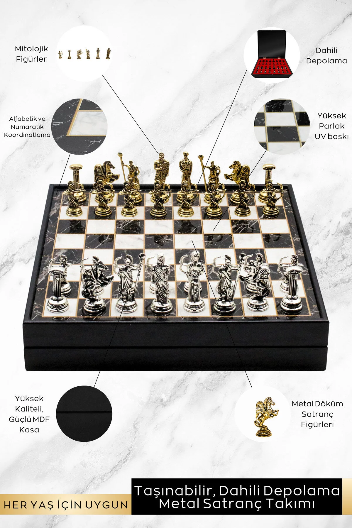 شطرنج مجموعه فلزی هدیه شخصی جعبه ای | 25 سانتی متر سنگ مرمر الگوی خدای اساطیری رومی اوکو Cooper Chess