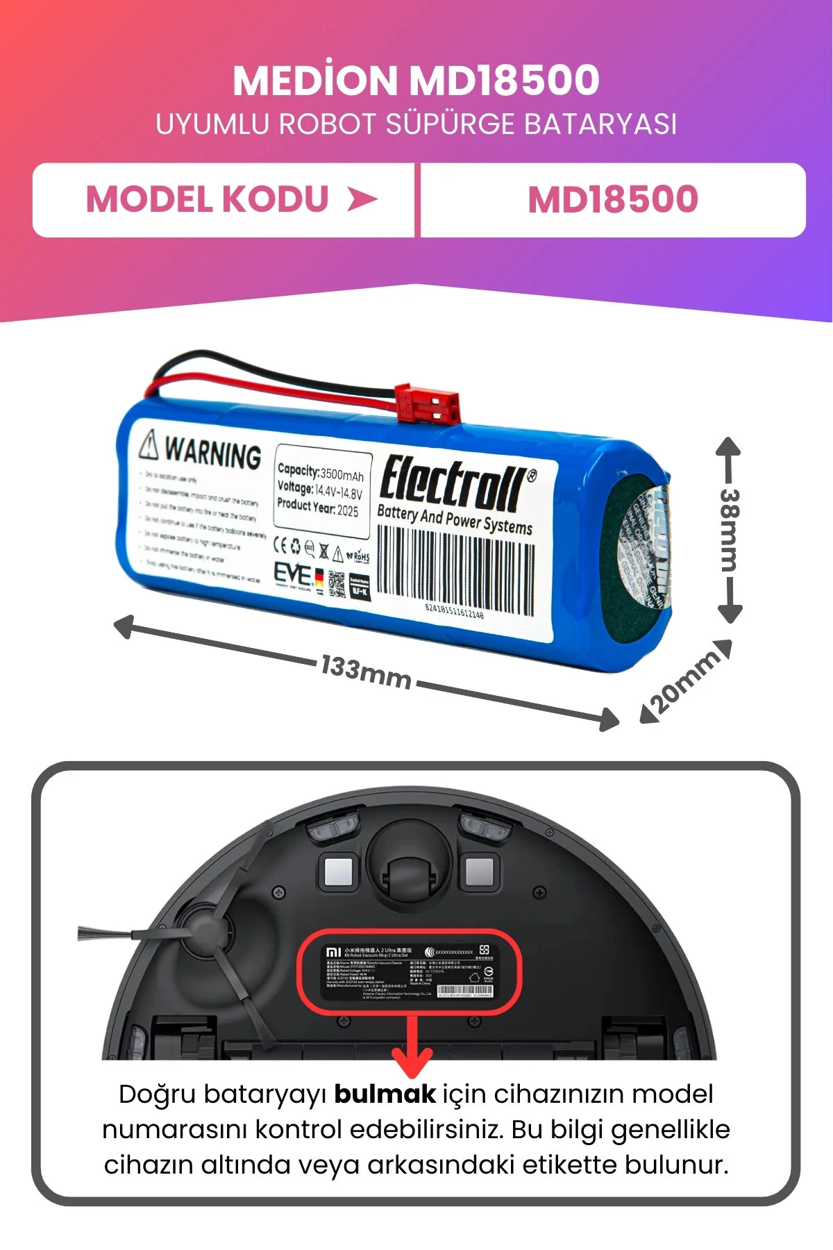 باتری و شارژر جایگزینی ربات جاروبرقی با سازگار MEDION MD18500 حداکثر ظرفیت 3500MAH ELECTROLL