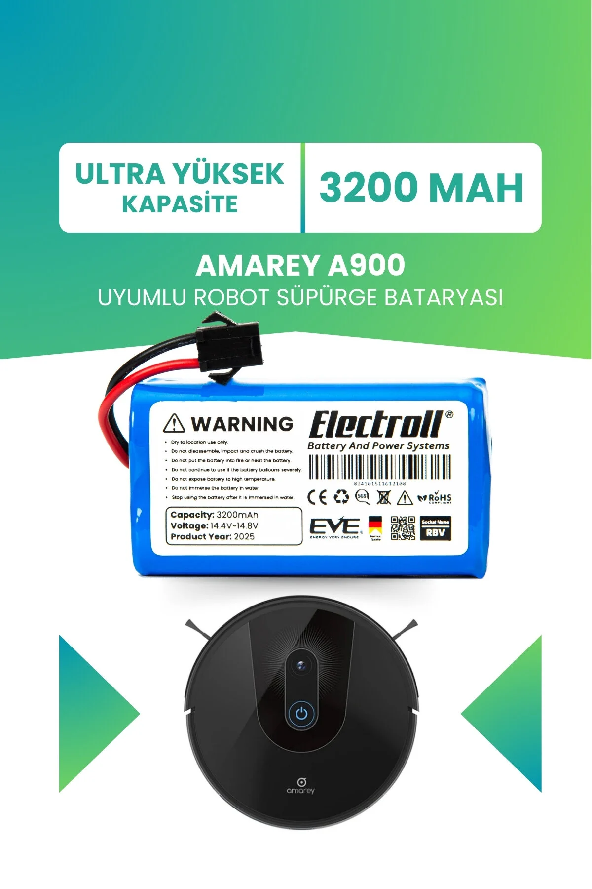 باتری و شارژر سازگار AMAREY A900 با ظرفیت فوق العاده بالا 3200MAH جاروبرقی ربات هوشمند ELECTROLL