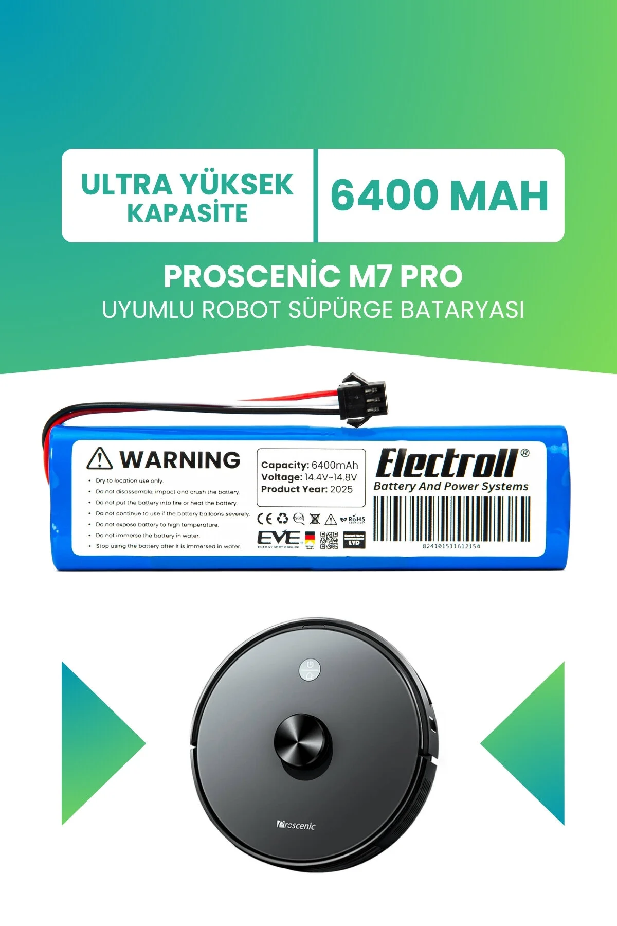 باتری و شارژر جایگزینی ربات جاروبرقی PROSCENIC M7 PRO COMPATIBLE با ظرفیت فوق العاده بالا 6400MAH ELECTROLL