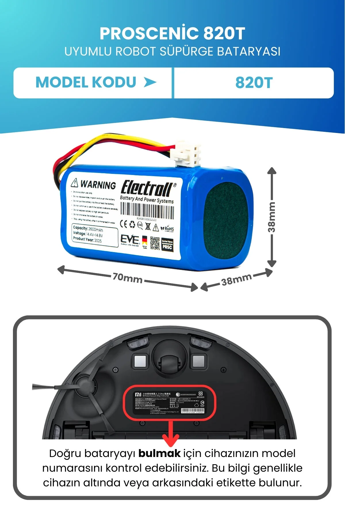 باتری و شارژر جایگزینی ربات جاروبرقی PROSCENIC 820T ظرفیت اصلی 2600MAH ELECTROLL