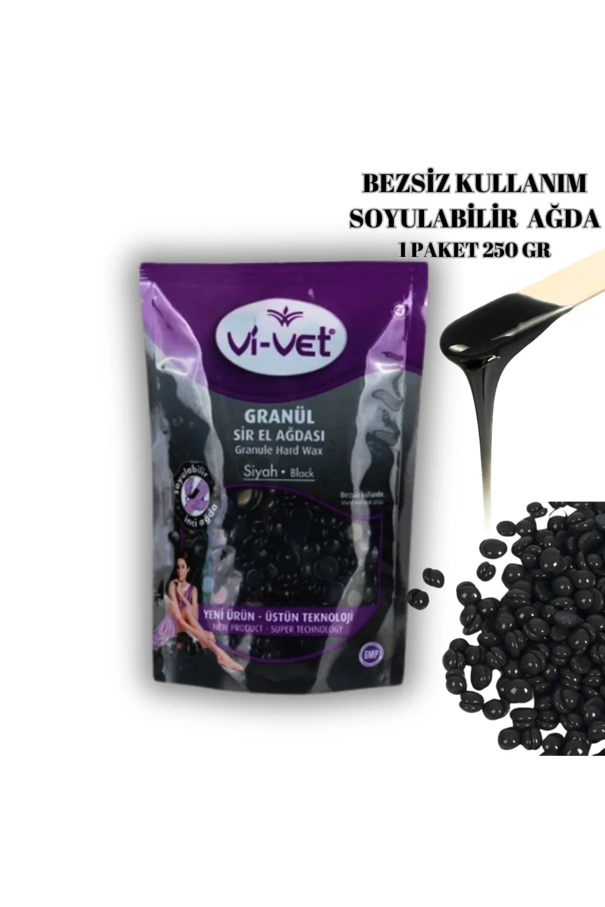 موم دانه‌ای قابل استفاده بدون پارچه رنگ مشکی مناسب اپیلاسیون Vi-vet