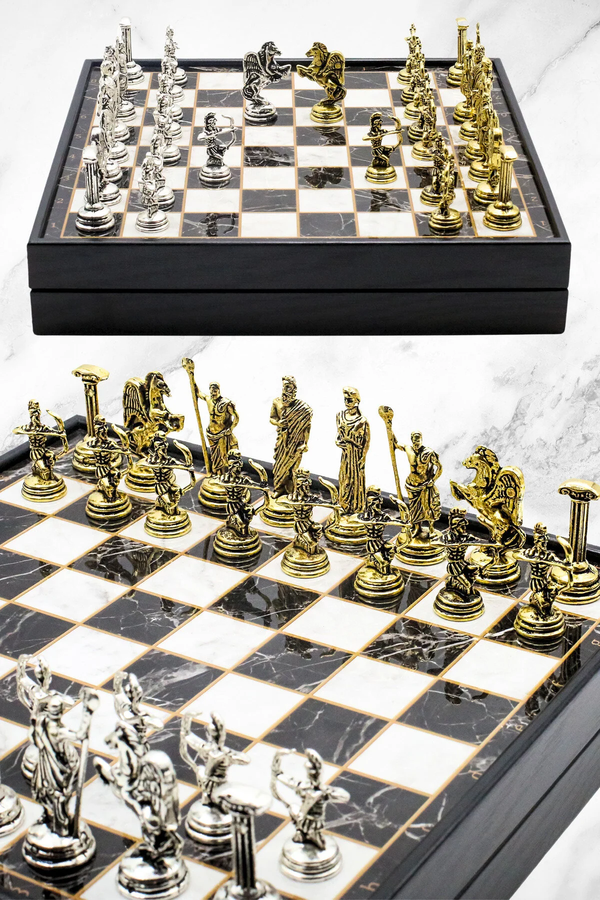 شطرنج مجموعه فلزی هدیه شخصی جعبه ای | 25 سانتی متر سنگ مرمر الگوی خدای اساطیری رومی اوکو Cooper Chess