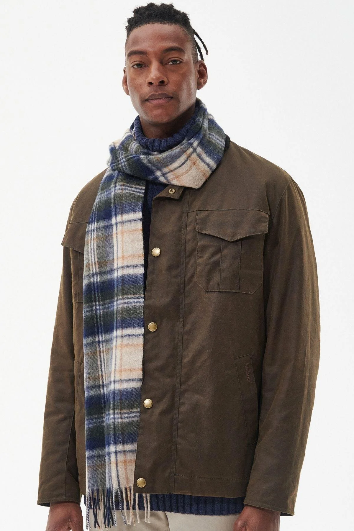 ست شال و کلاه بافتنی چک جدید TARTAN WEFT SAND BEIGE PLAID Barbour