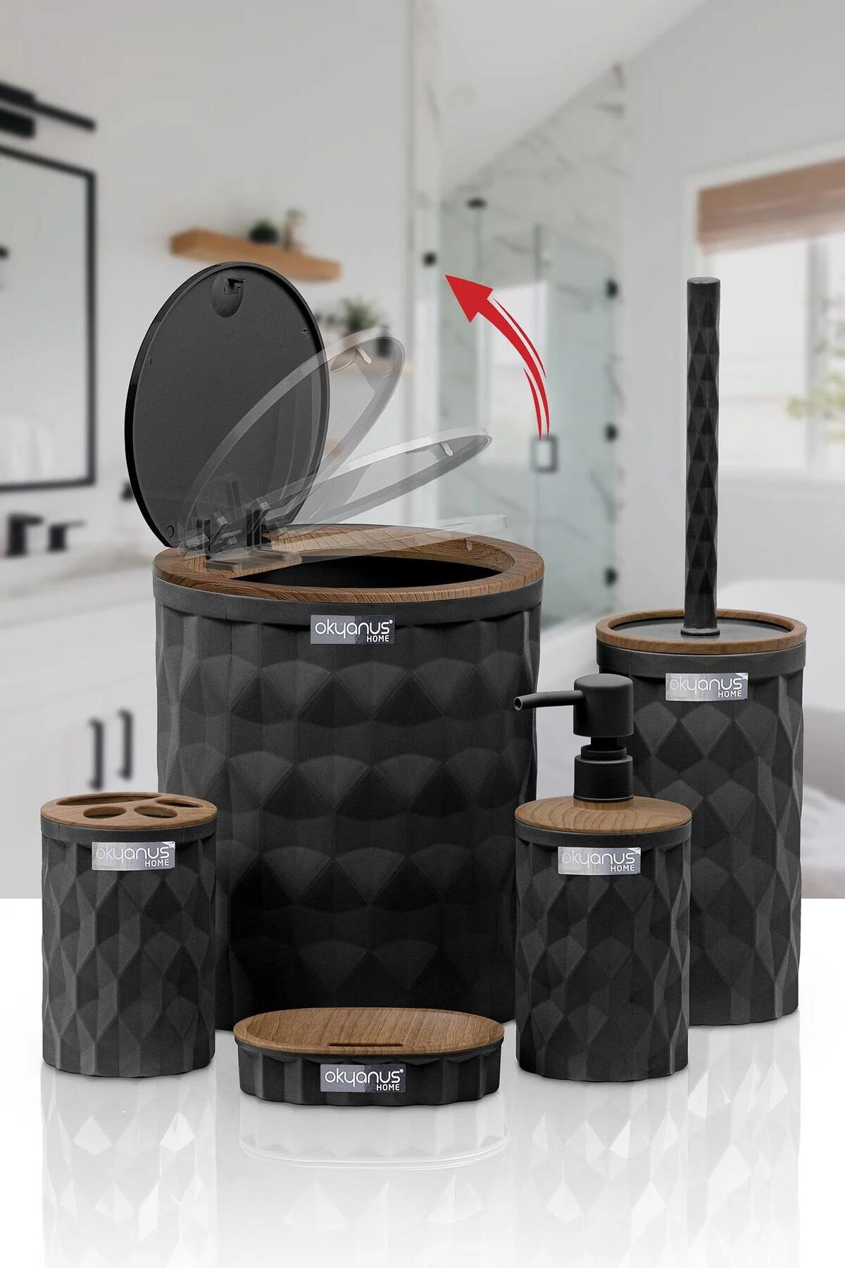 ست حمام مشکی سرویس 5 تکه درب چوبی الماس OKY 467 3 S Okyanus Home
