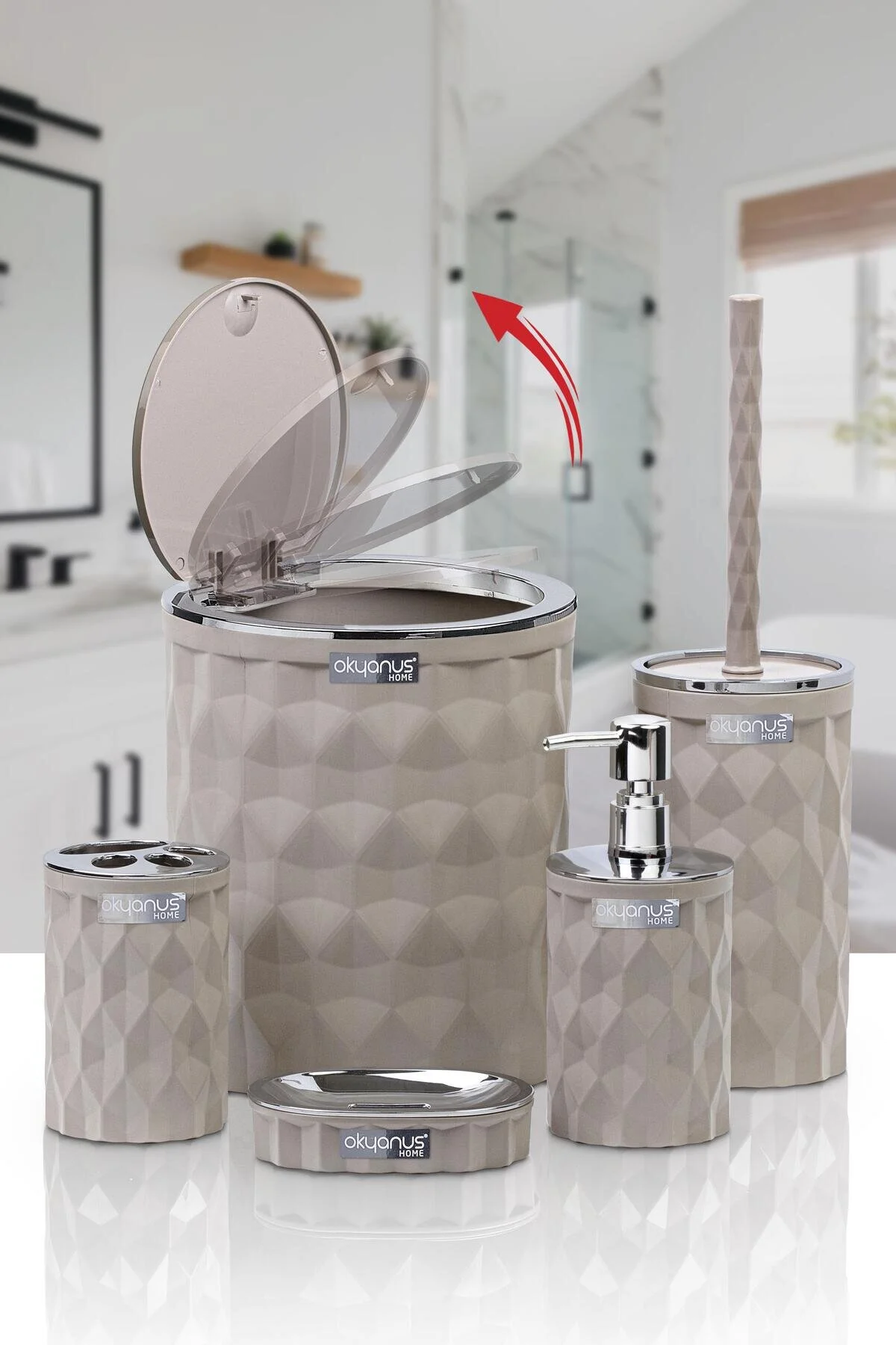 ست حمام چند رنگ 5 تکه روی جلد کلیکی Diamond Mink Chrome OKY 467 1 V Okyanus Home