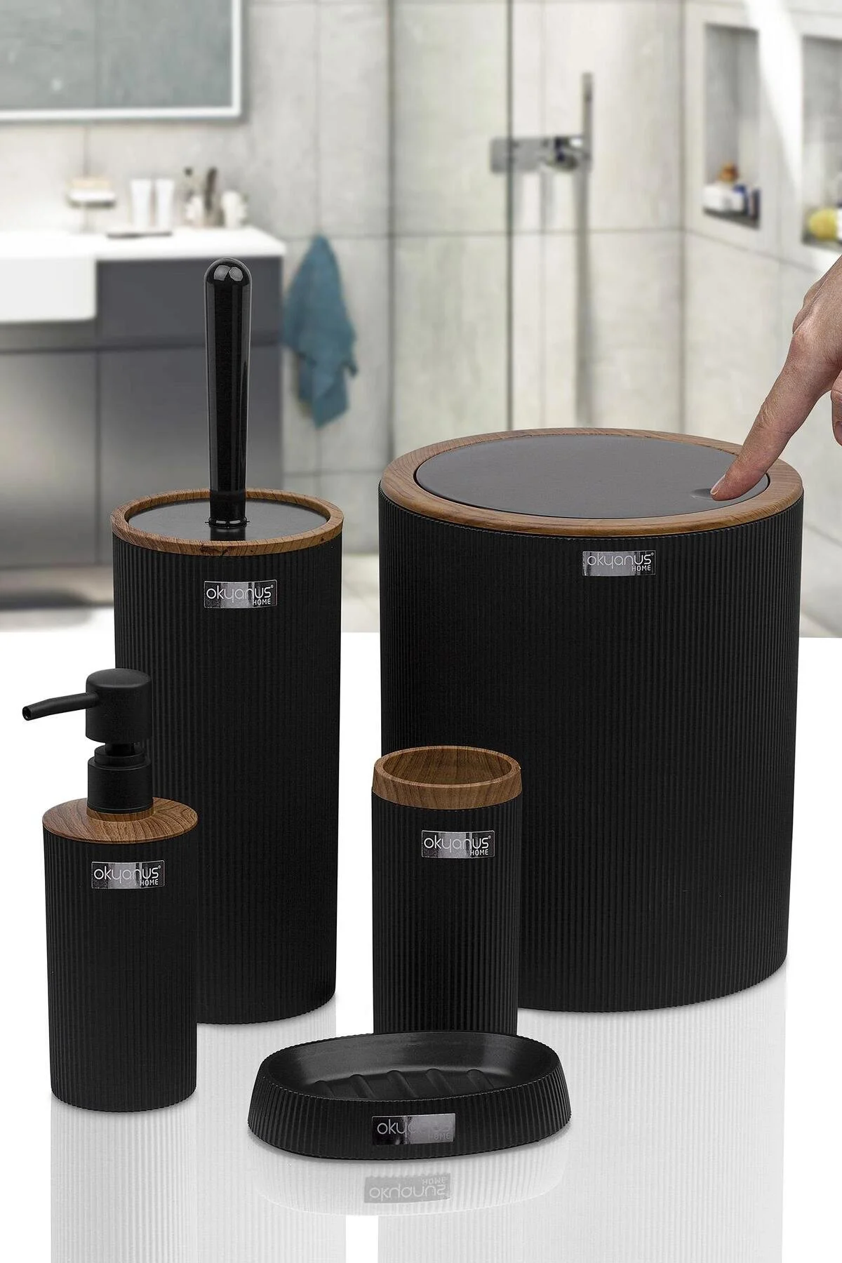 ست حمام مشکی 5 تکه راه طرح چوبی مینا OKY 430 3 Okyanus Home