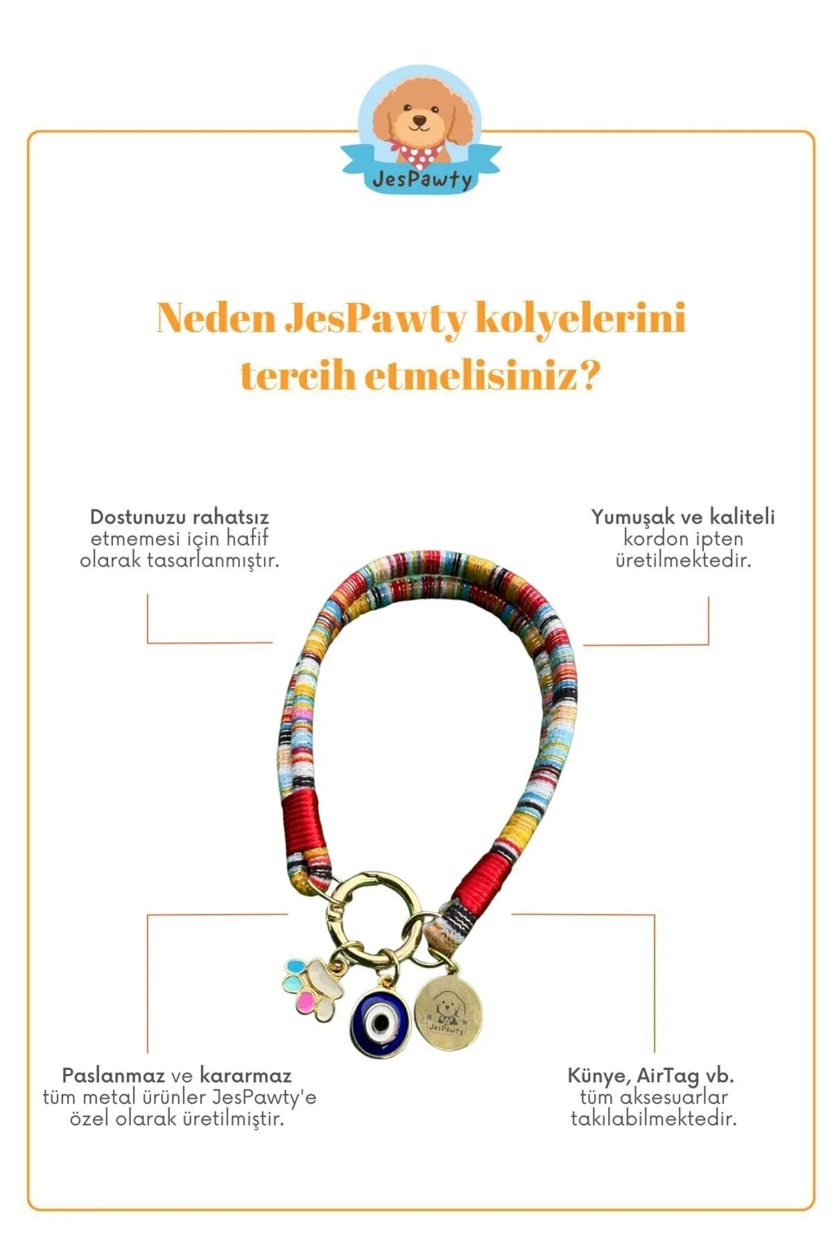قلاده سگ گردنبند گربه طناب نارنجی JESSPECIAL با آویز اورجینال JesPawty
