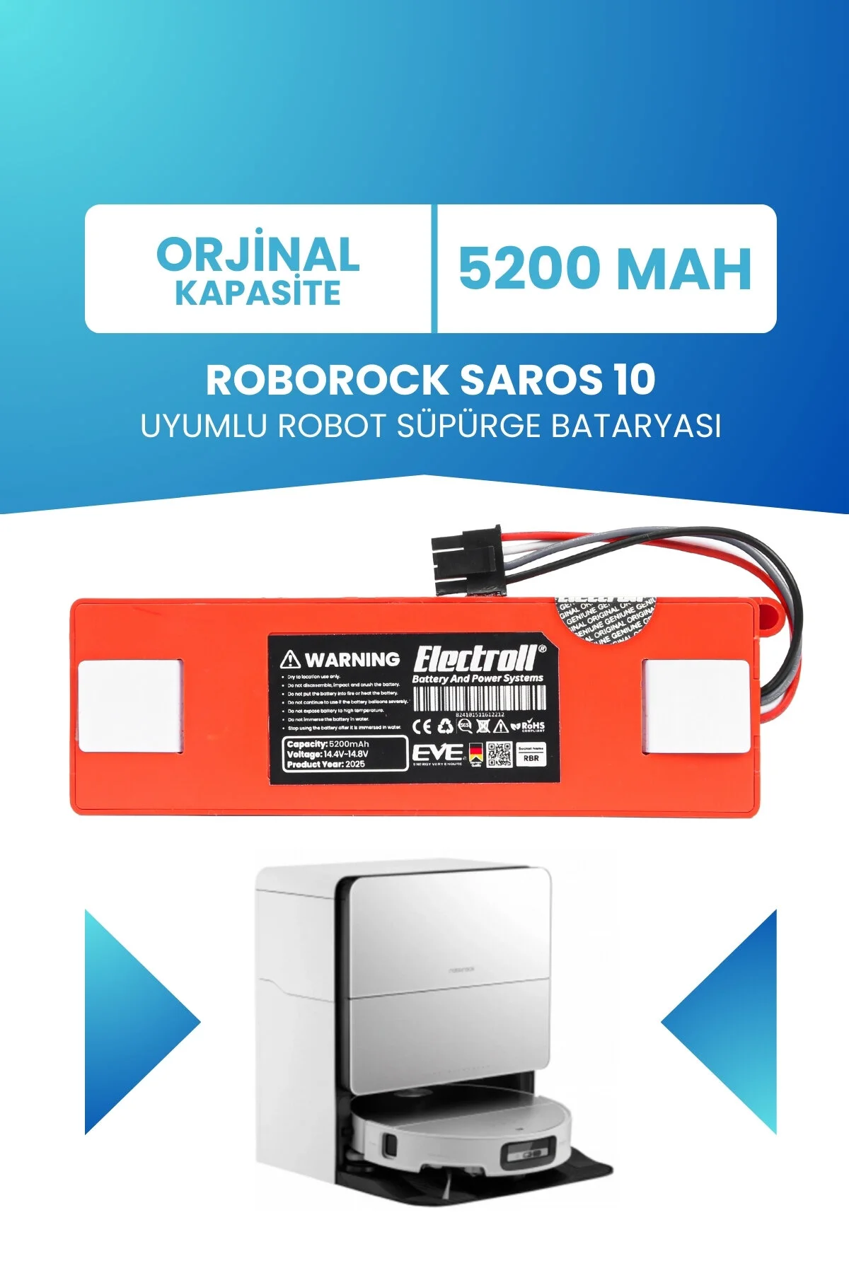 باتری و شارژر ROBOROCK SAROS 10 سازگار ظرفیت اصلی 5200MAH جاروبرقی ربات جایگزین ELECTROLL