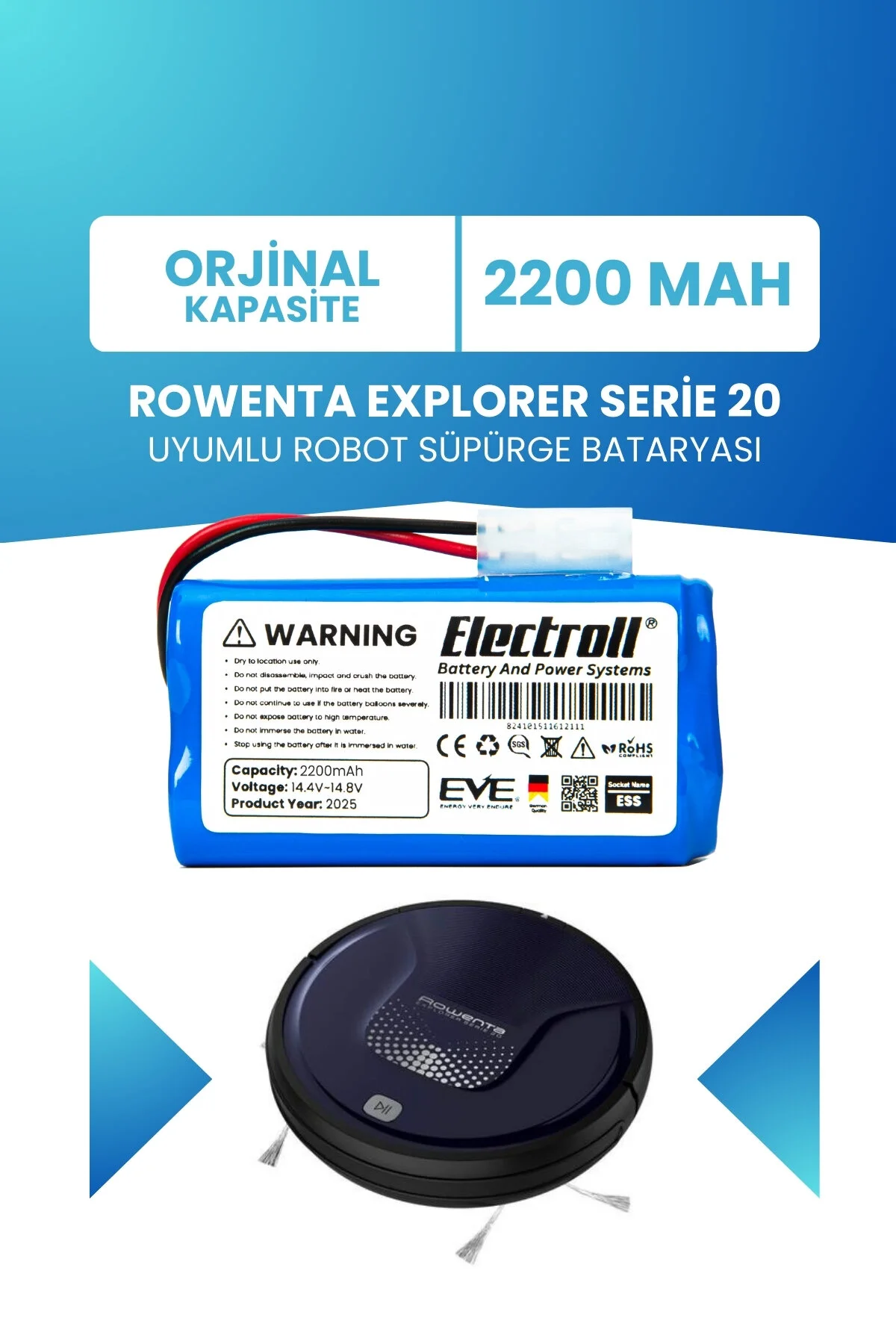 باتری و شارژر سازگار ROWENTA EXPLORER SERIE 20 ظرفیت اصلی باطری 2200MAH ربات جاروبرقی ELECTROLL