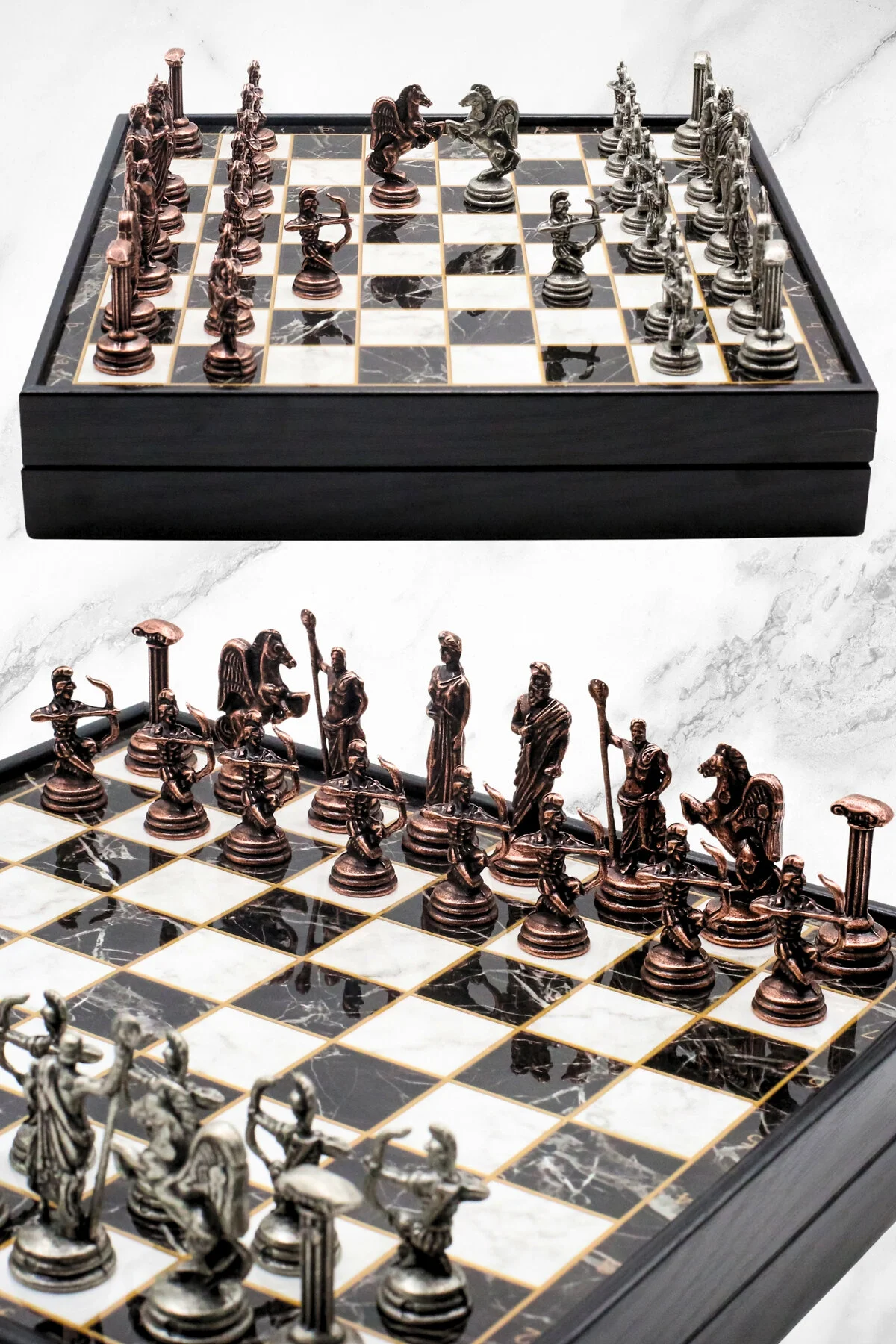 شطرنج مجموعه فلزی برنز هدیه شخصی جعبه | 25 سانتی متر سنگ مرمر الگوی اساطیر رومی اوکو Cooper Chess