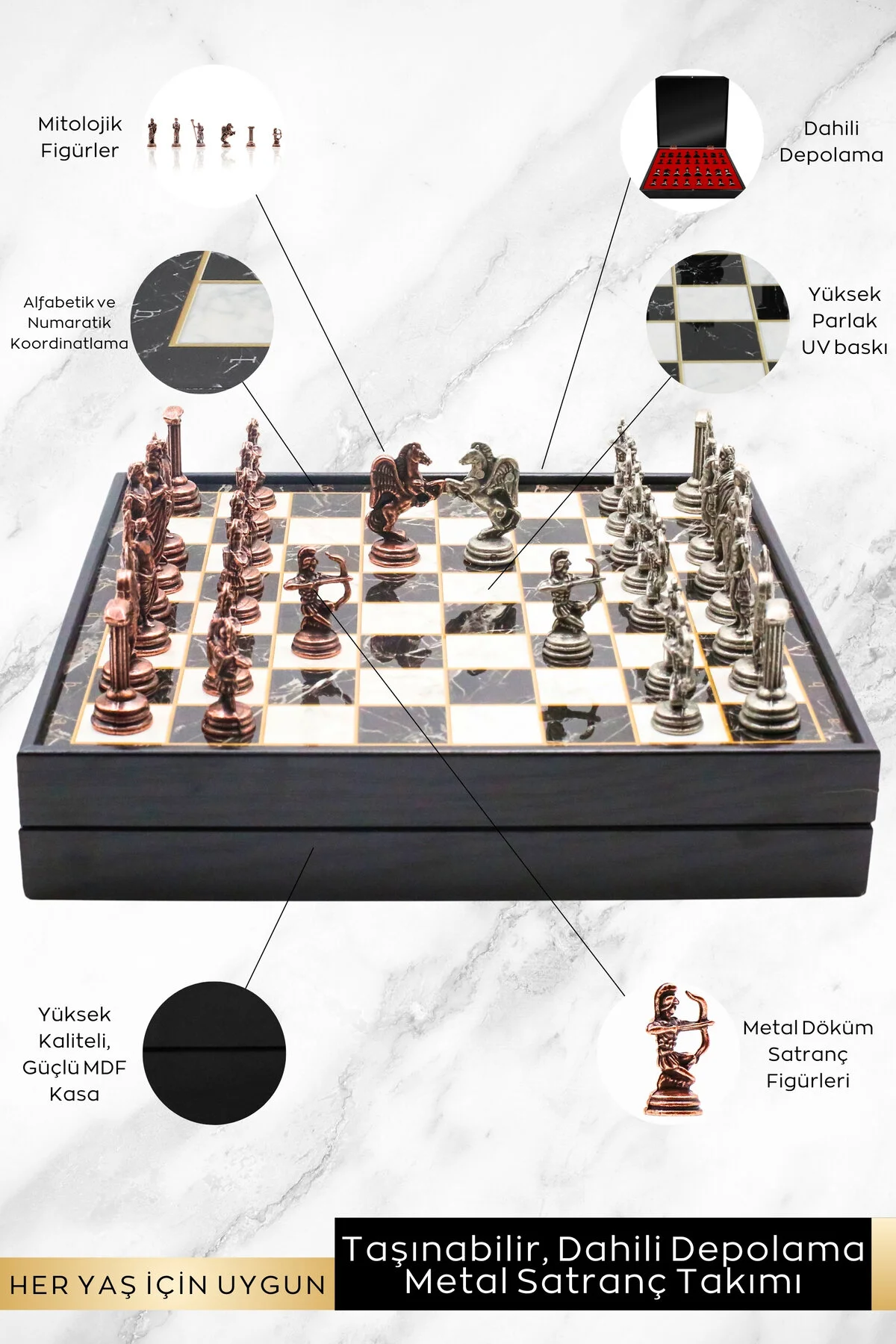 شطرنج مجموعه فلزی برنز هدیه شخصی جعبه | 25 سانتی متر سنگ مرمر الگوی اساطیر رومی اوکو Cooper Chess