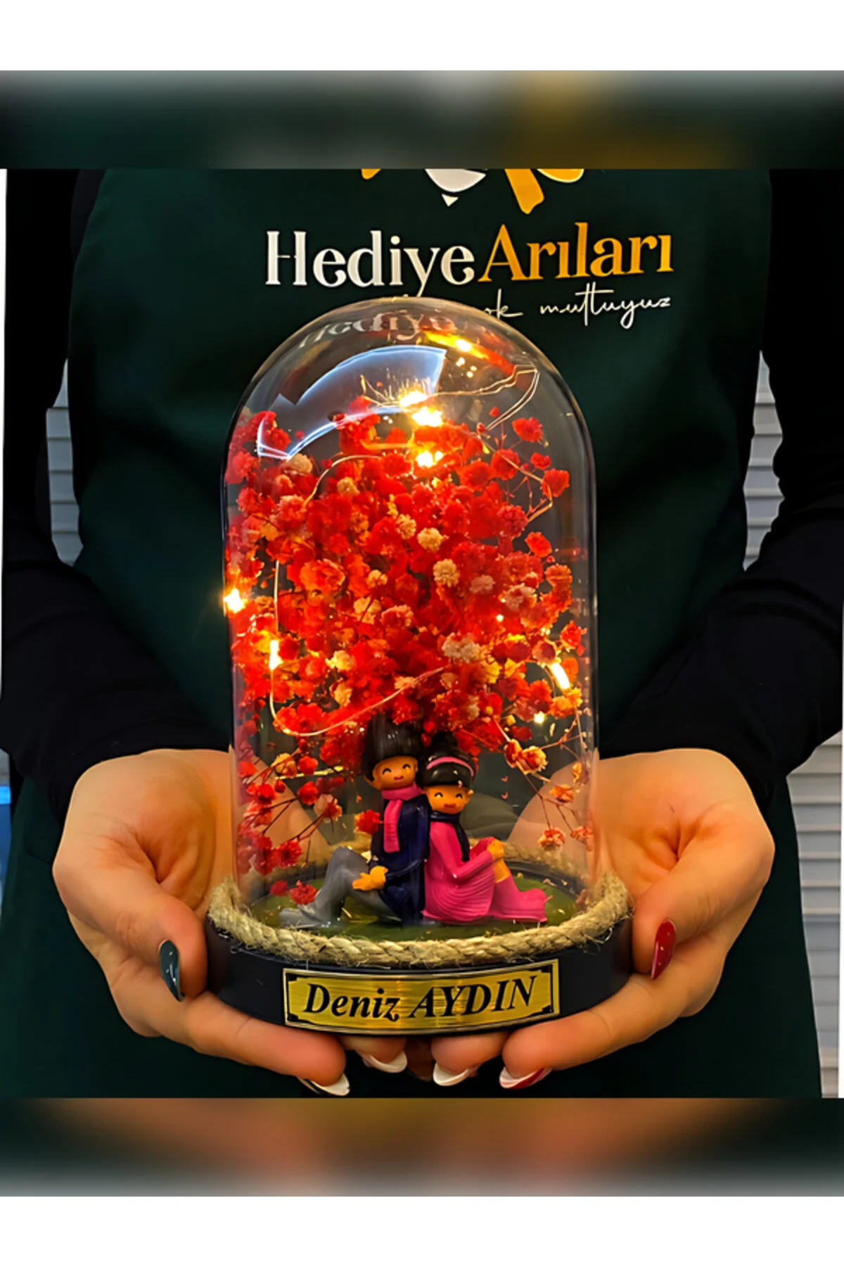 گوی برفی شیشه شخصی با نام LED روشن گل های خشک و مجسمه دوست داشتنی از ترکیه hediye arıları