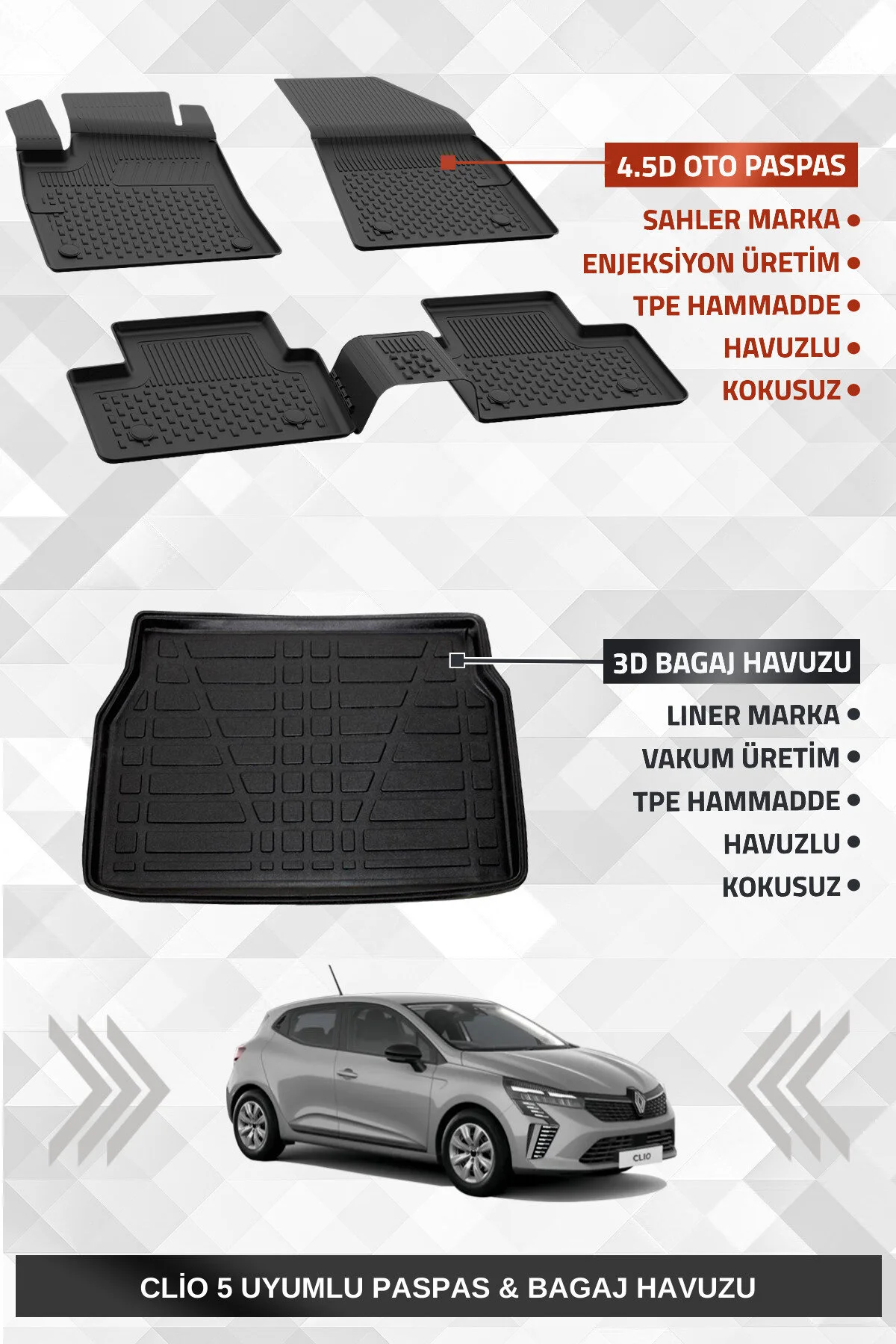 کفپوش خودرو RENAULT CLIO 5 2020+ سازگار 4.5D SAHLER با استخر سه بعدی چمدان و تشک ممتاز لاینر Sahler