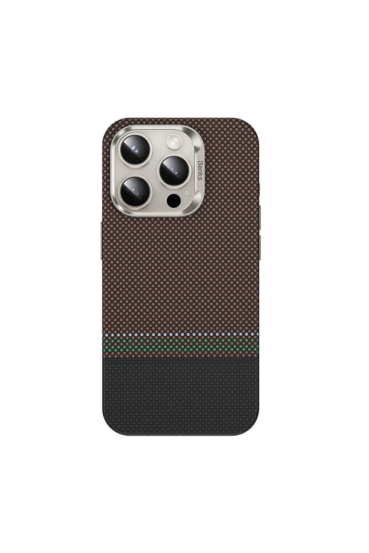 کاور و قاب آیفون 15 PRO MAX CASE MAGSAFE شارژ با ویژگی فیبر کربن BENKS PRESTIGE ARMORPRO KEVLAR COVER GOLD Benks