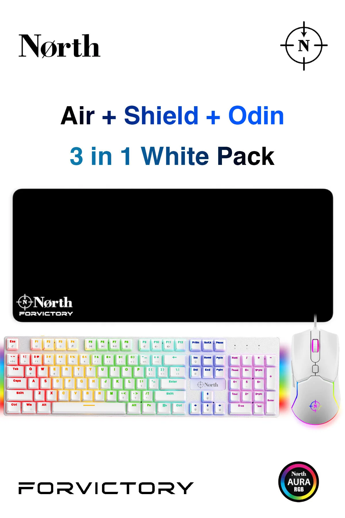 ست کیبورد و ماوس مخصوص بازی صفحه کلید پخش کننده مکانیکی WHITE + AIR RGB PLAYER MOUSE ODIN MOUSEPAD بسته نرم افزاری North