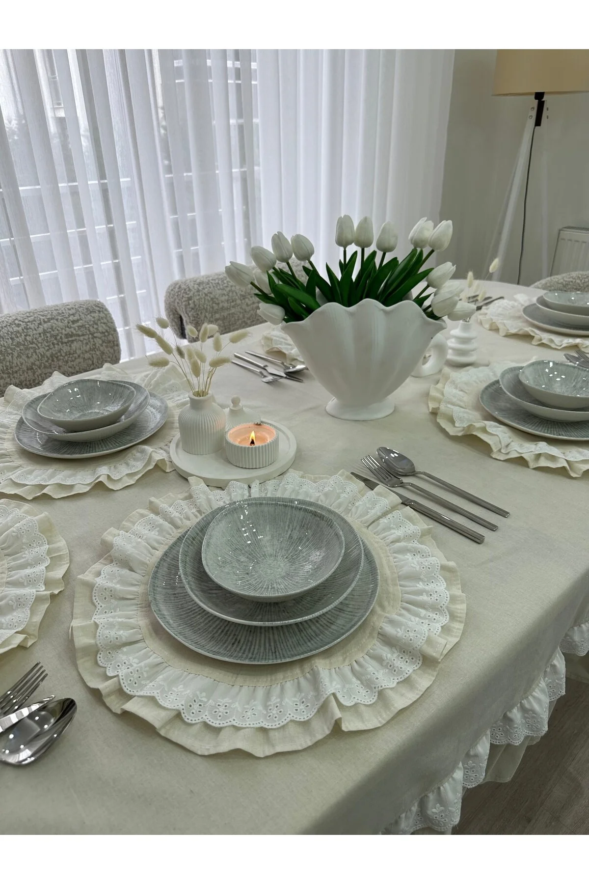 رانر و زیر بشقابی 100 ٪ پنبه HAMKENE FISTO RUFFED SUPLA 6 قطعه eyma home