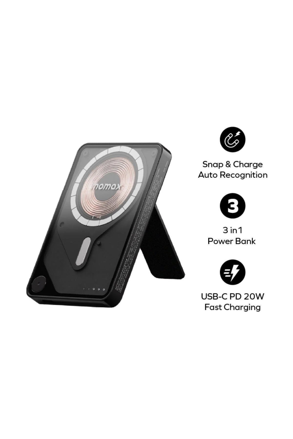 پاوربانک بسته باتری بی سیم مغناطیسی 1 قدرت X PRO 5000MAH با کابل USB C ایستاده و داخلی سیاه Momax