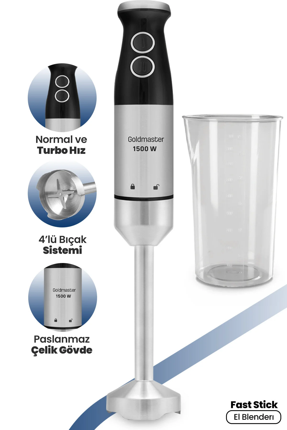 ست مخلوط کن بلندر دستی FAST STICK INOX 1500 وات 4 تیغه کاسه استیک GM 7205 اورجینال GoldMaster