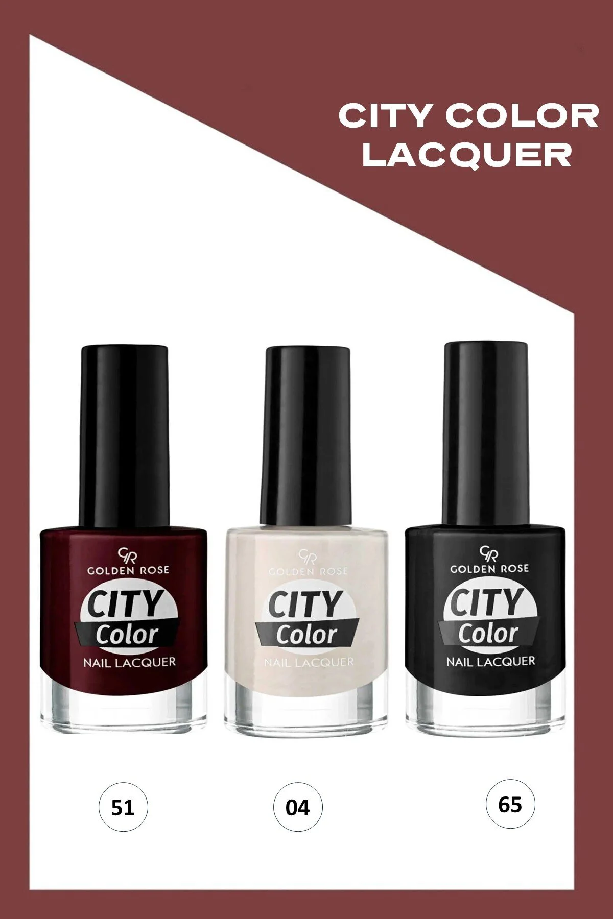ست ۳ عددی لاک ناخن City Color شماره‌های 51، 04 و 65 ترکیب رنگ‌های زیبا و ماندگار Golden Rose