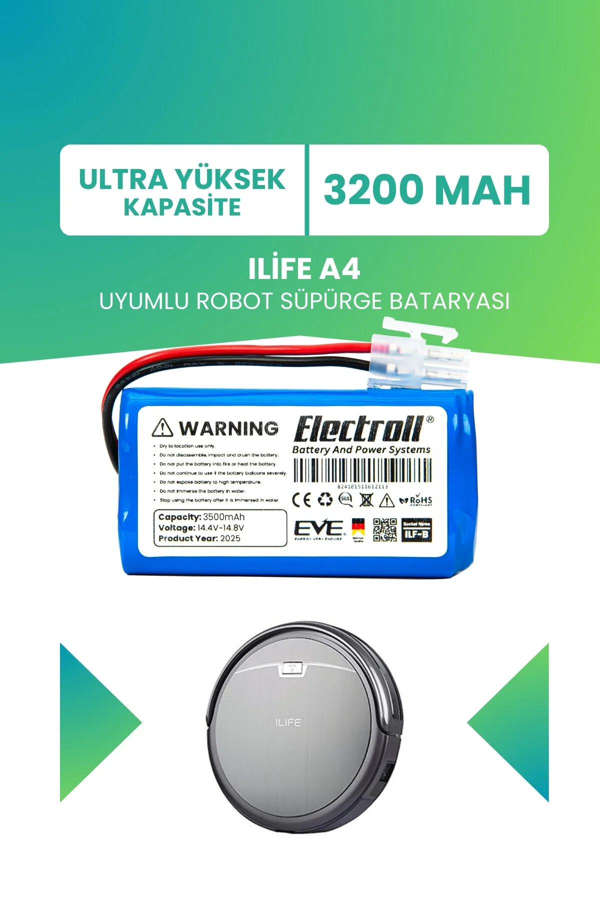 باتری و شارژر تعویض جاروبرقی ربات 3200MAH با سازگار ILIFE A4 ظرفیت فوق العاده بالا ELECTROLL