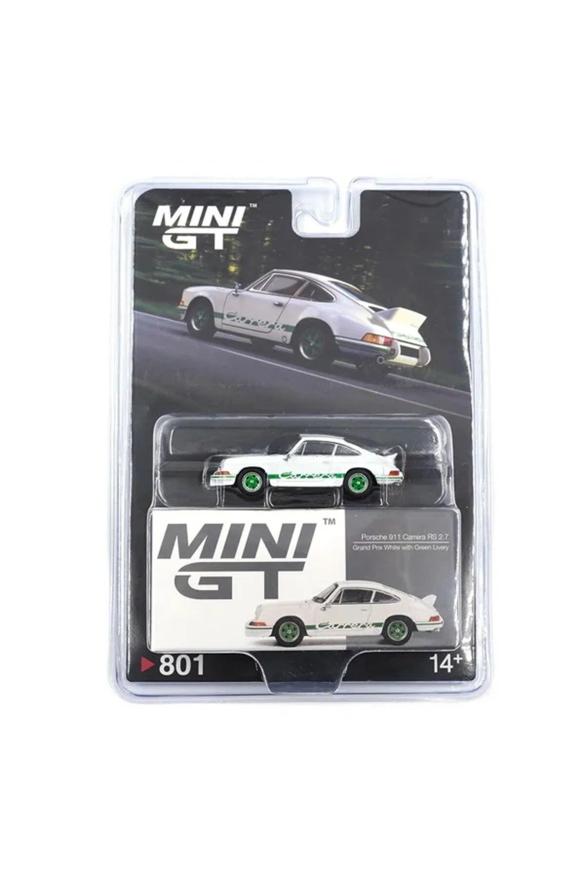 ماشین اسباب بازی 801 PORSCHE 911 CARRERA RS 2.7 GRAND PRIX WHITE WITH GREEN LIVERY بسته تاول mini gt