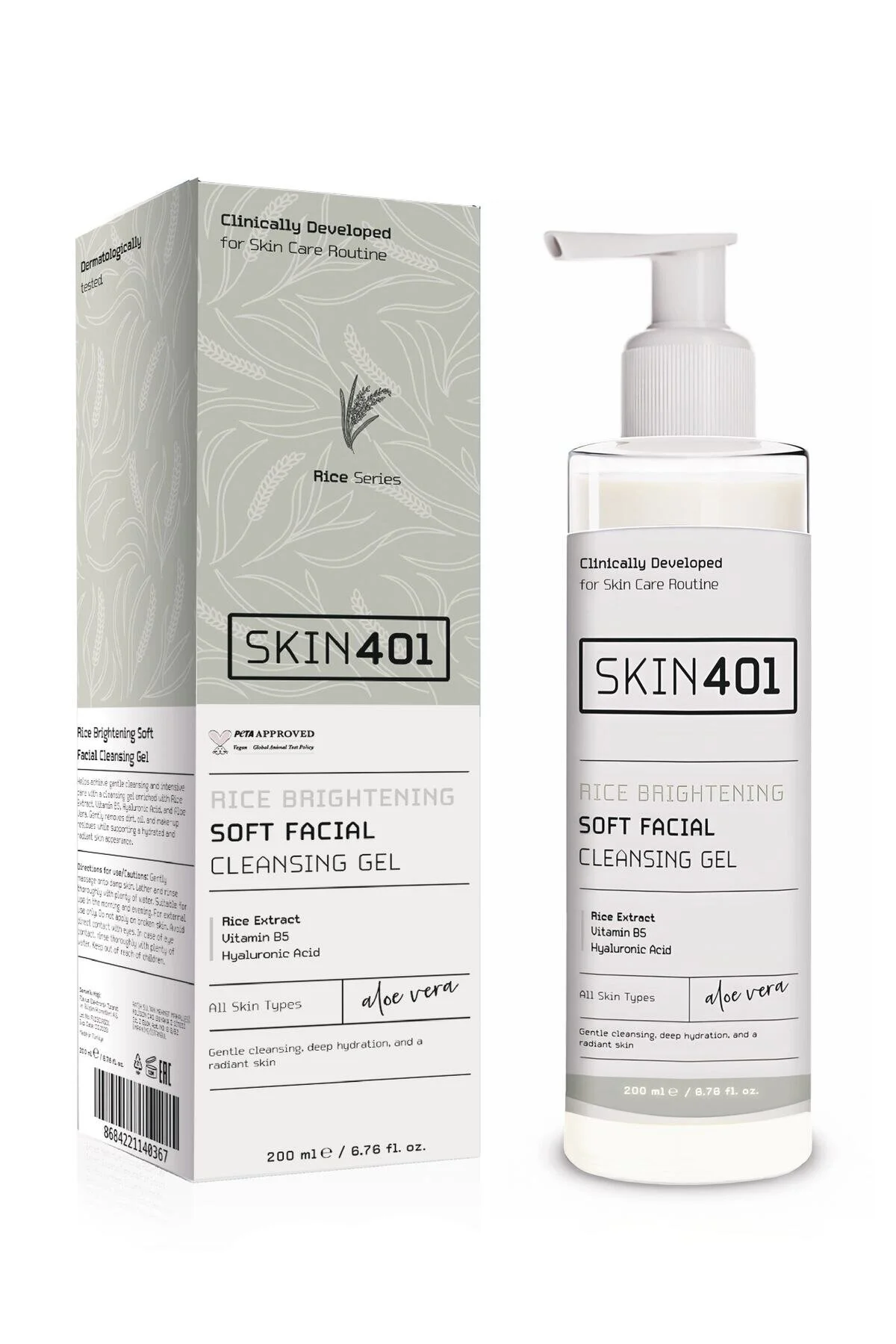 ژل پاک‌کننده صورت با عصاره برنج 200 میلی‌لیتر مناسب برای پوست‌های حساس Skin401
