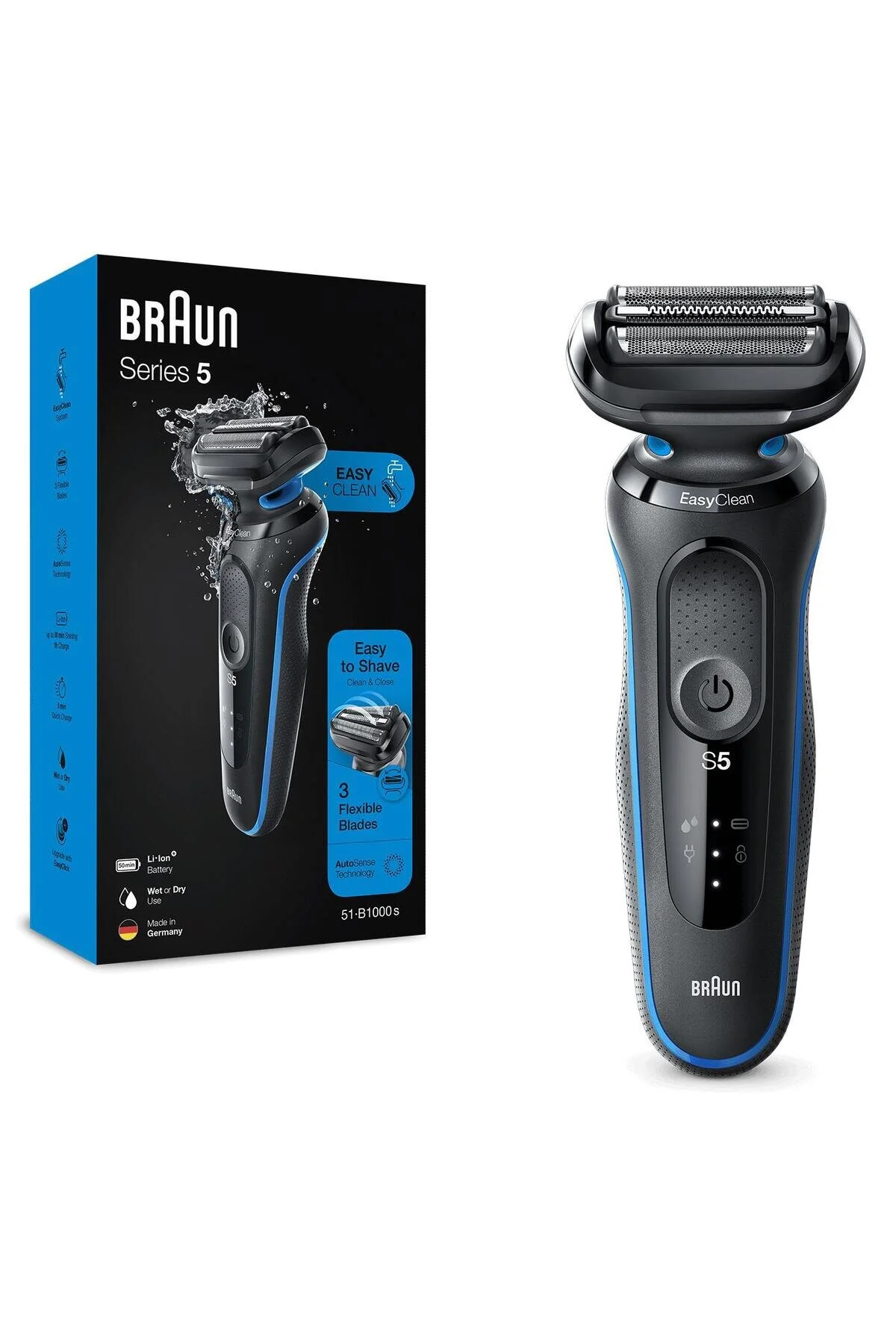 ماشین اصلاح سریال جدید 5 B1000S ریش تراش بی سیم AUTOSENSE EASYCLEAN EASYCLICK WET & DRY براون اورجینال Braun